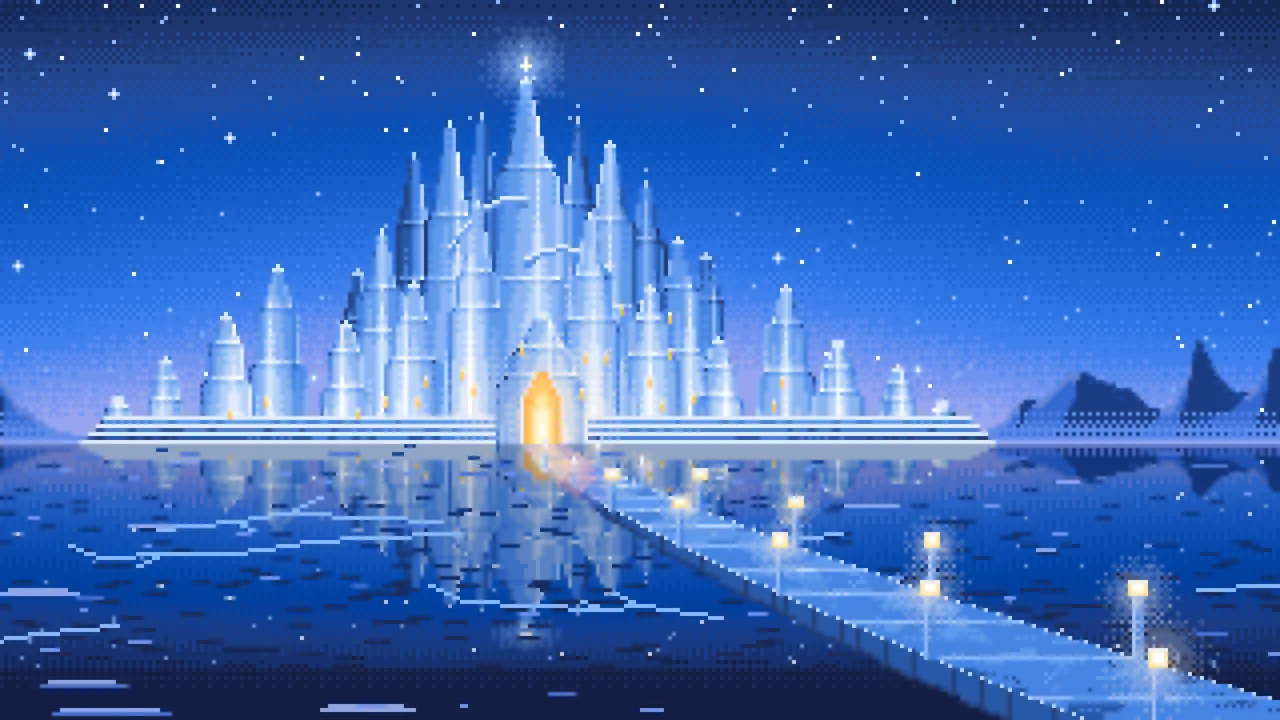 Blue Pixel Art Fantasy Ice Palace desktop wallpaper in 4K