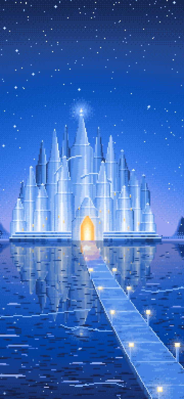 Blue Pixel Art Fantasy Ice Palace wallpaper for iPhone and Android
