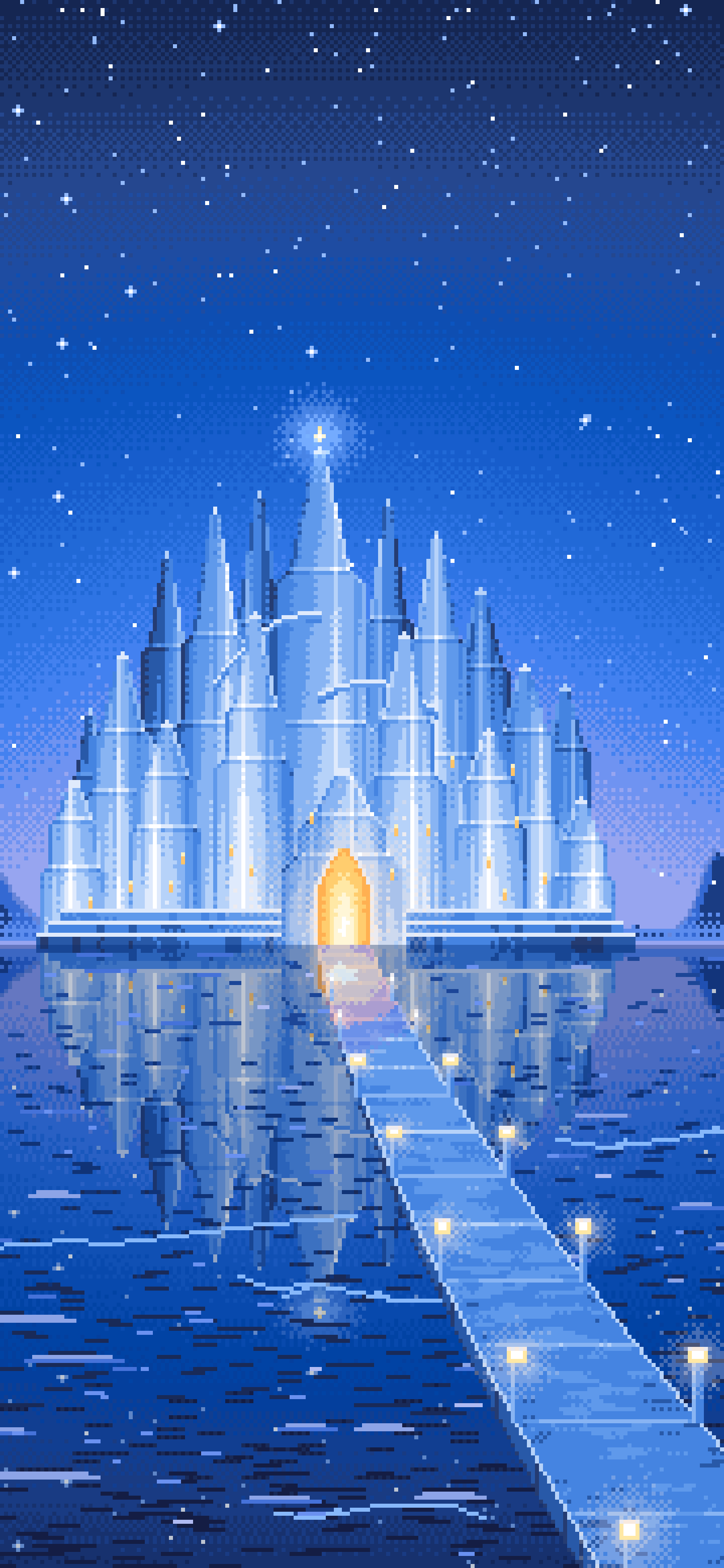 Blue Pixel Art Fantasy Ice Palace wallpaper for iPhone and Android