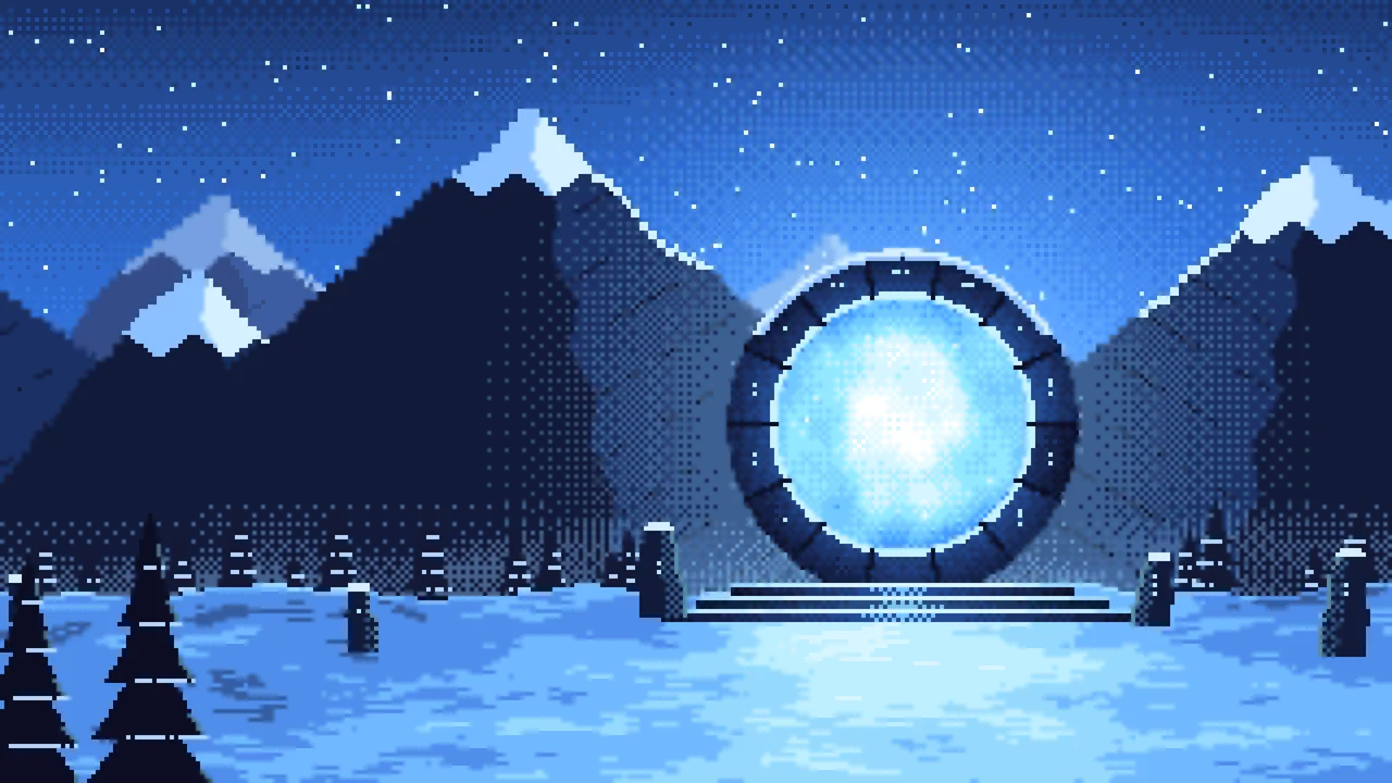 Blue Pixel Art Fantasy Portal in a Snowy Pass desktop wallpaper in 4K