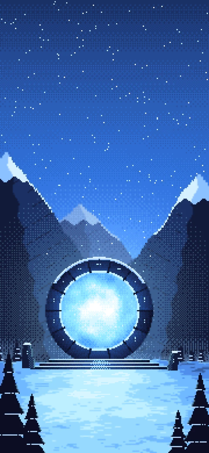 Blue Pixel Art Fantasy Portal in a Snowy Pass wallpaper for iPhone and Android