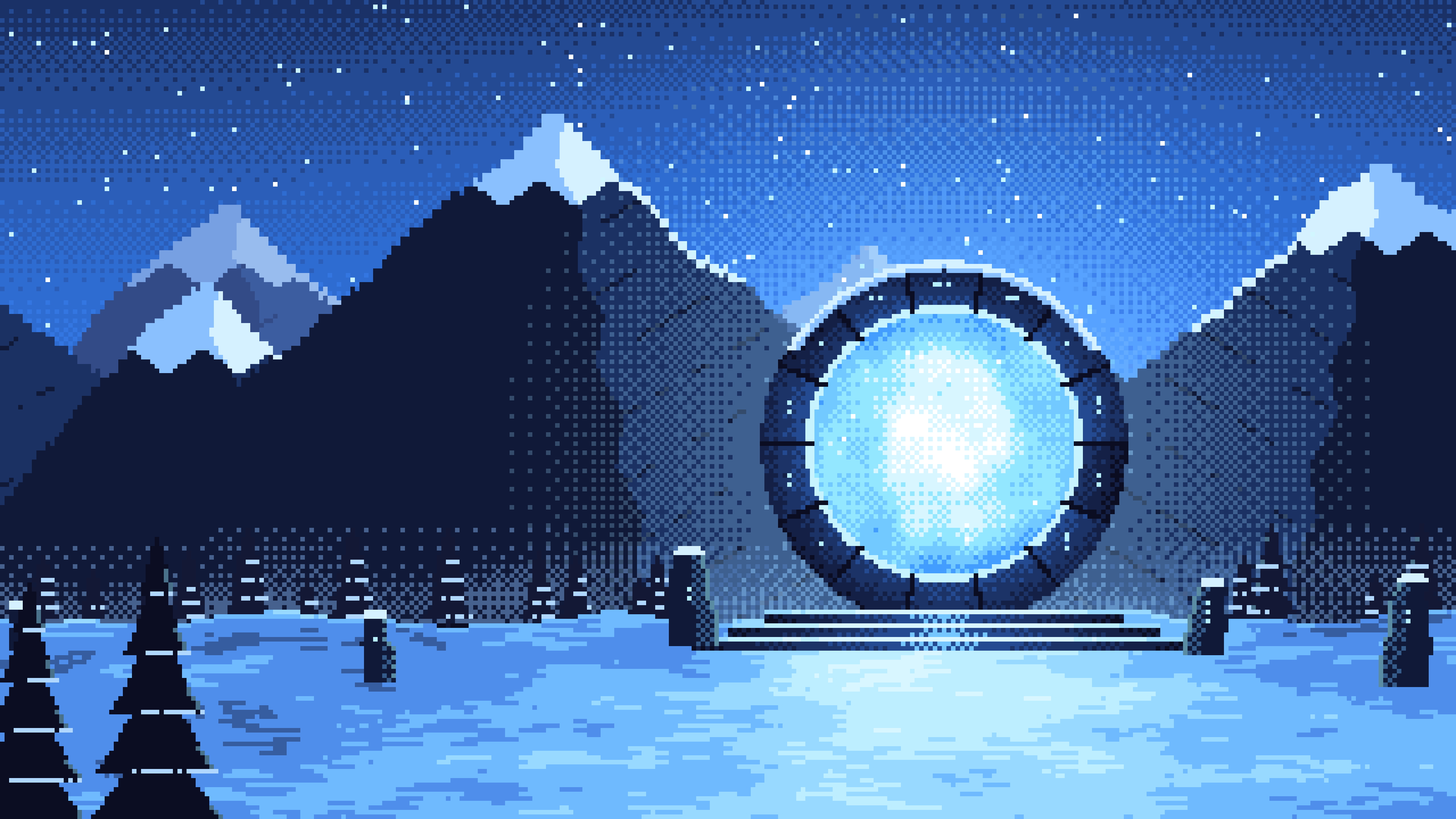Blue Pixel Art Fantasy Portal in a Snowy Pass desktop wallpaper in 4K