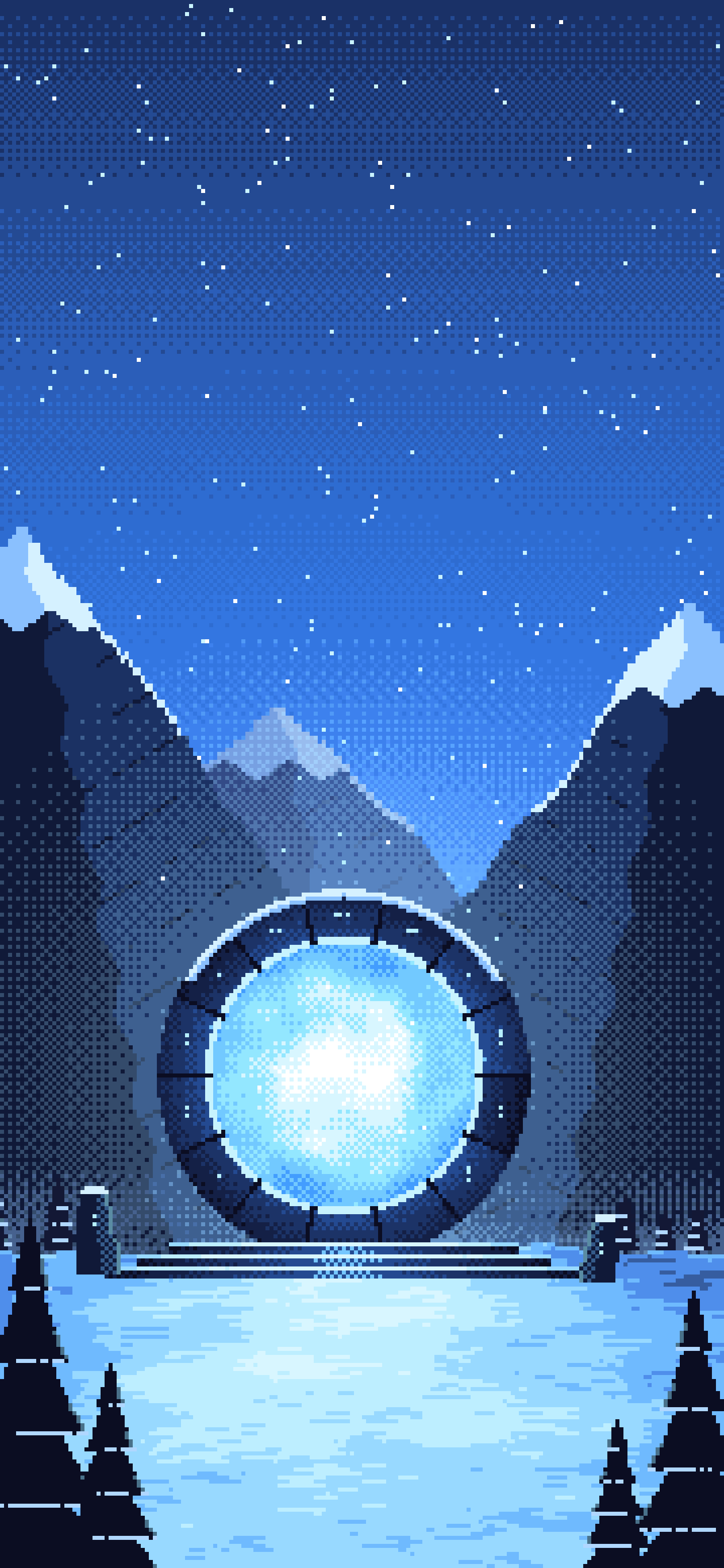 Blue Pixel Art Fantasy Portal in a Snowy Pass wallpaper for iPhone and Android