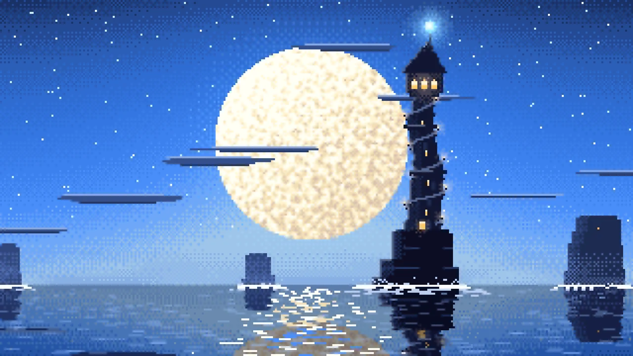 Blue Pixel Art Fantasy Wizard Tower at Night desktop wallpaper in 4K