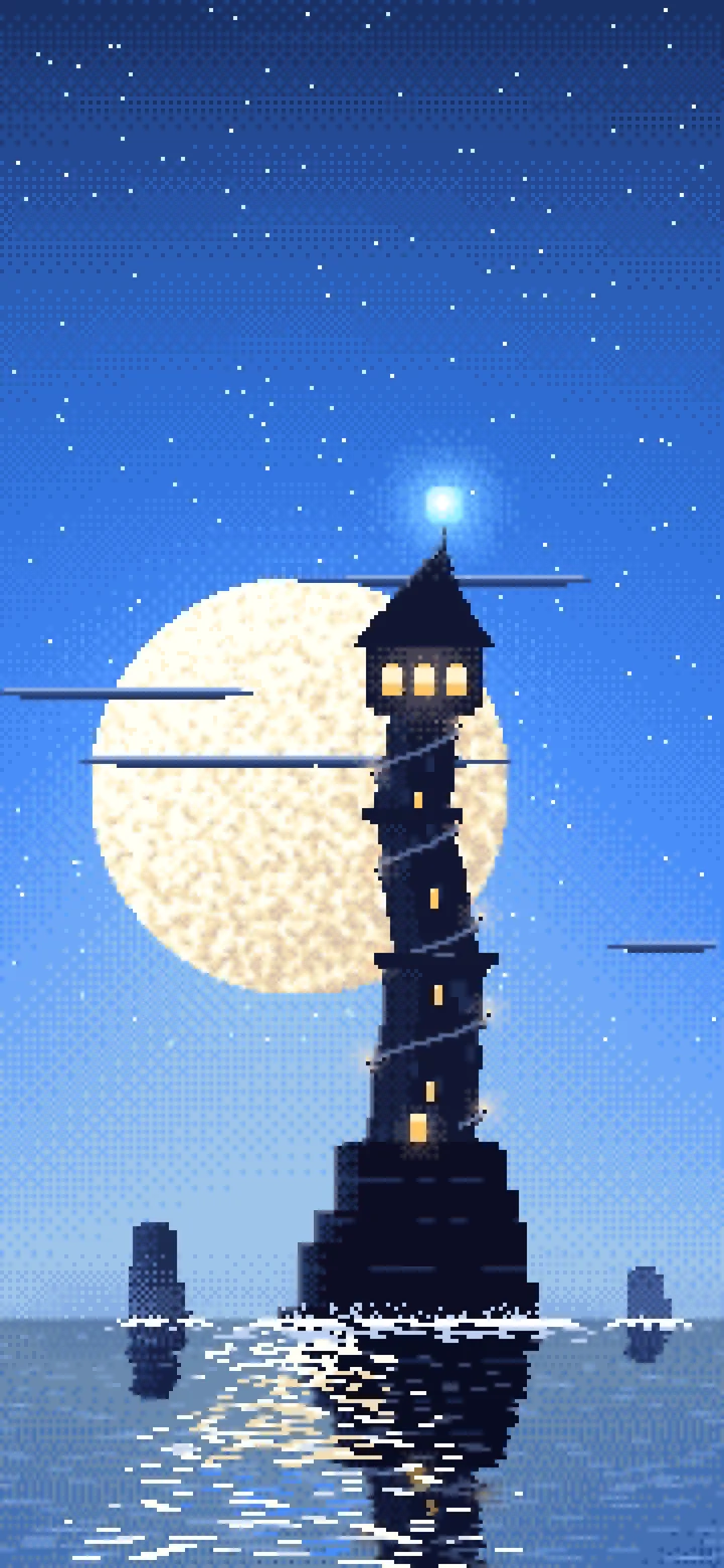 Blue Pixel Art Fantasy Wizard Tower at Night wallpaper for iPhone and Android