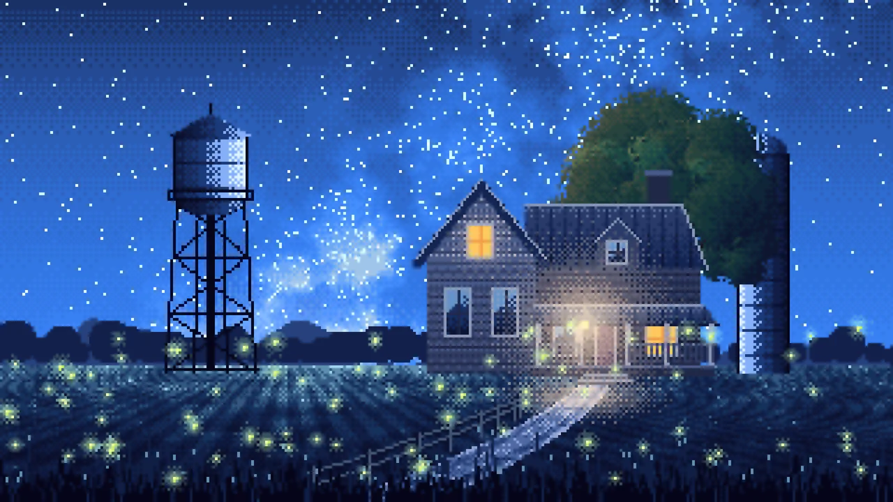 Blue Pixel Art Farmhouse Under the Stars desktop wallpaper in 4K