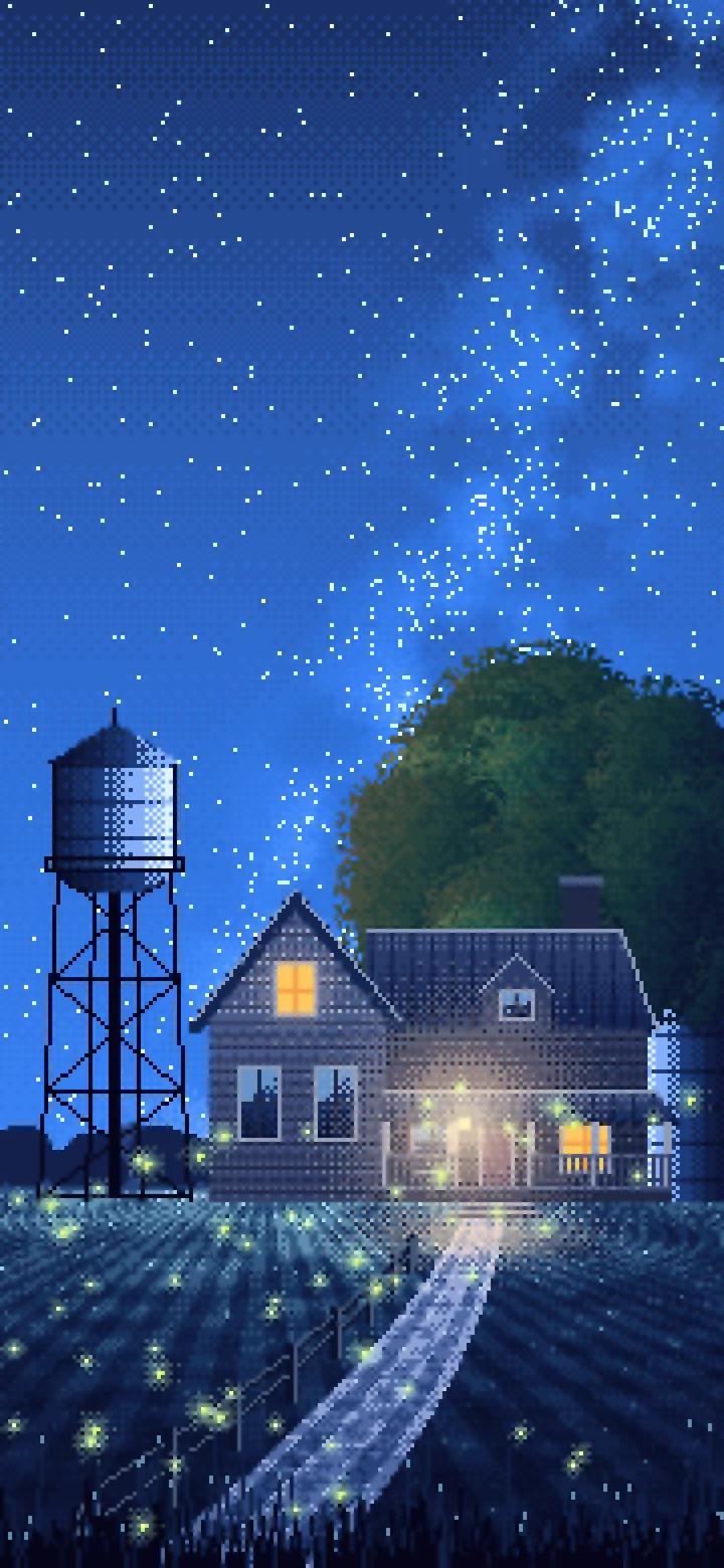 Blue Pixel Art Farmhouse Under the Stars wallpaper for iPhone and Android