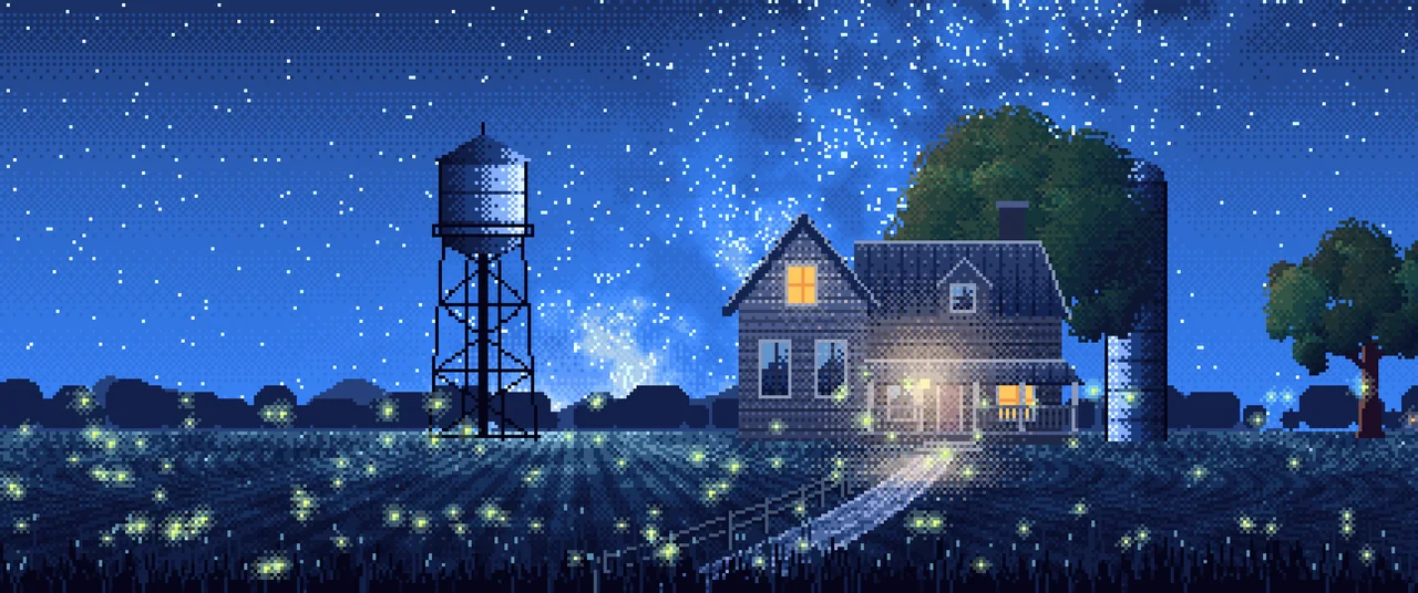 Blue Pixel Art Farmhouse Under the Stars ultrawide wallpaper, 3440 × 1440