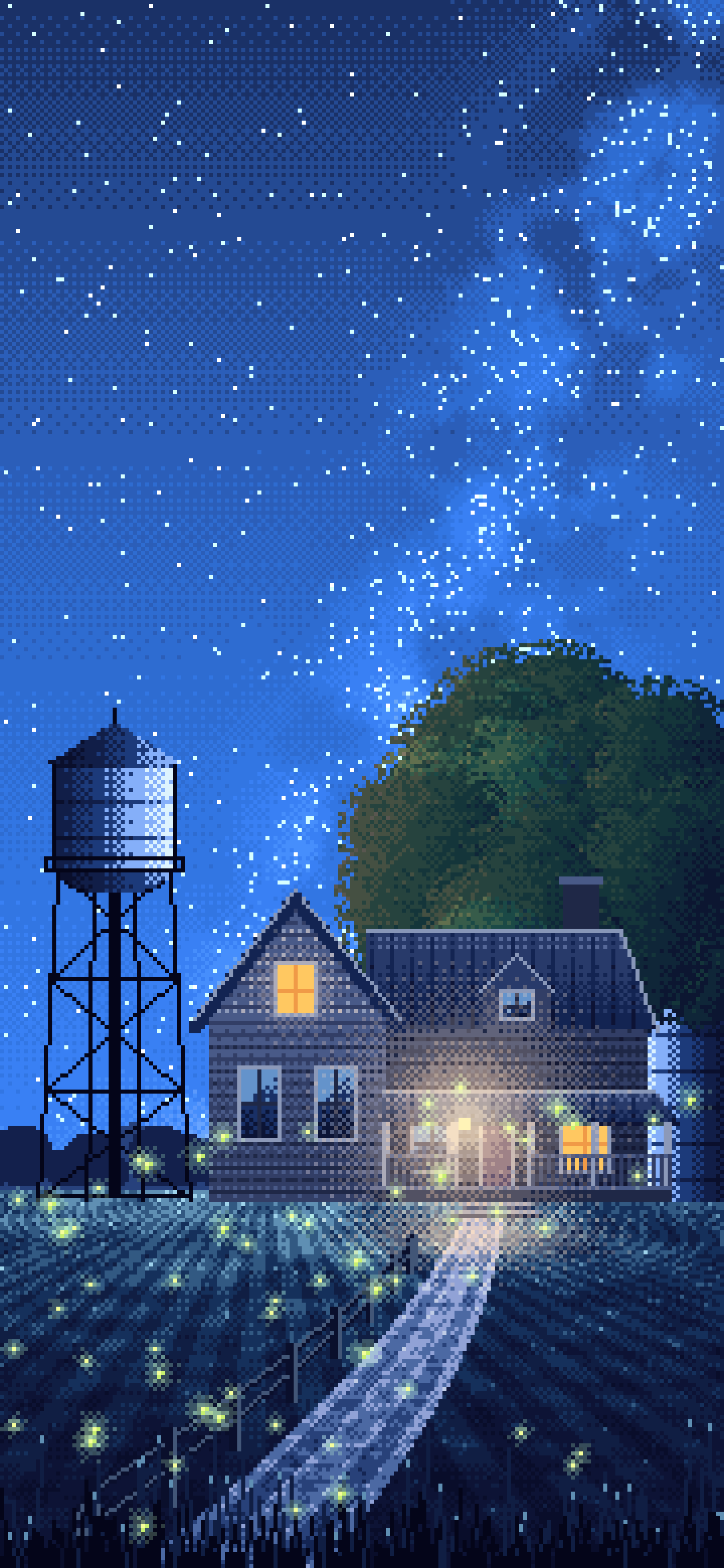 Blue Pixel Art Farmhouse Under the Stars wallpaper for iPhone and Android