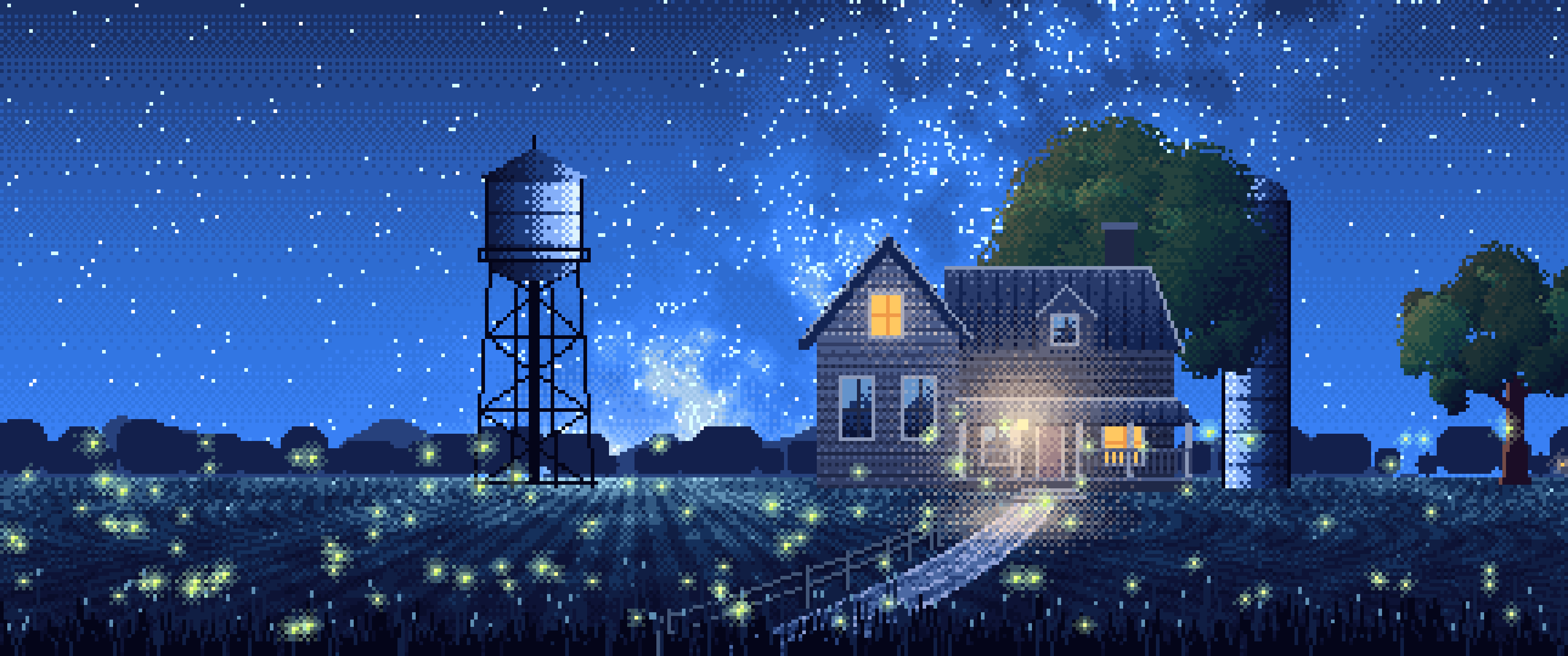 Blue Pixel Art Farmhouse Under the Stars ultrawide wallpaper, 3440 × 1440