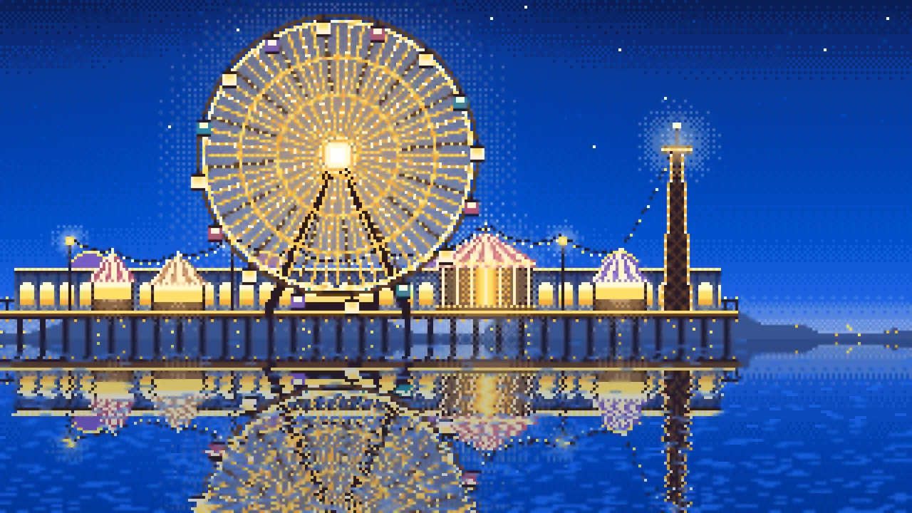 Blue Pixel Art Ferris Wheel Lights at Night desktop wallpaper in 4K