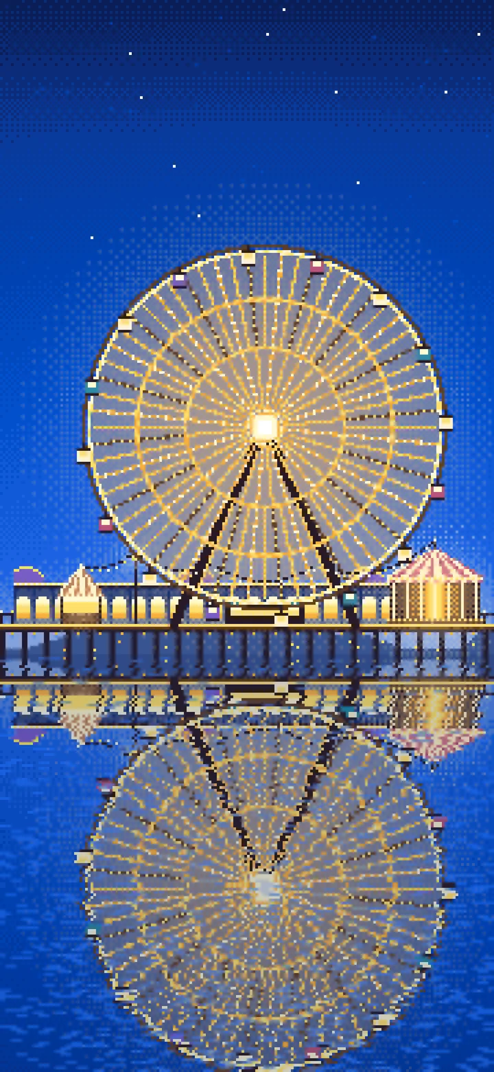 Blue Pixel Art Ferris Wheel Lights at Night wallpaper for iPhone and Android