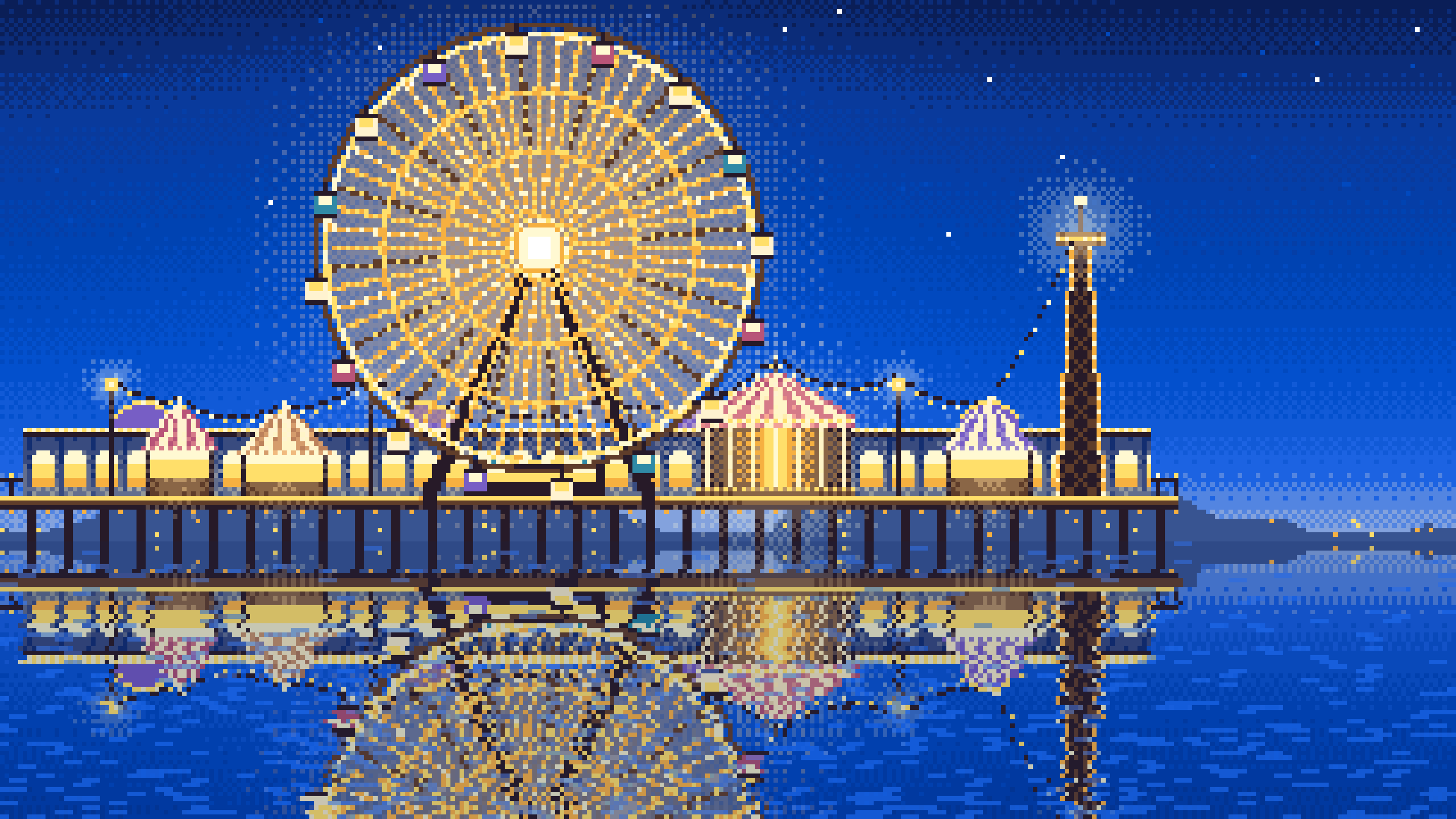 Blue Pixel Art Ferris Wheel Lights at Night desktop wallpaper in 4K
