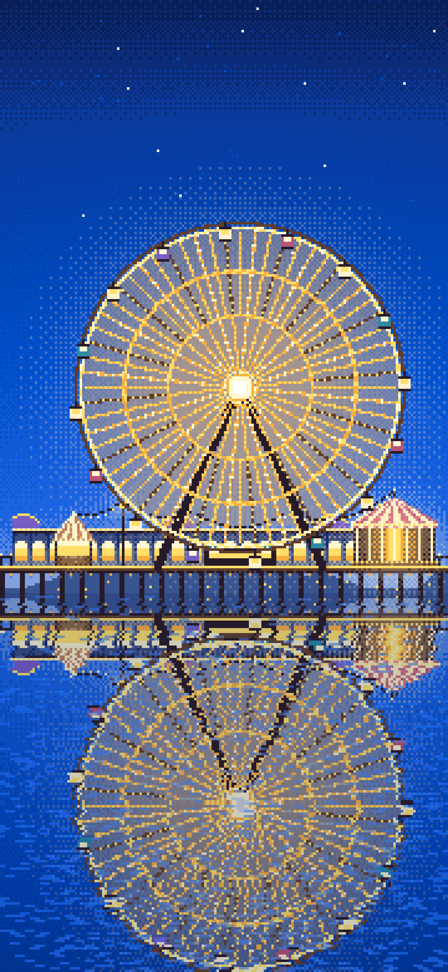 Blue Pixel Art Ferris Wheel Lights at Night wallpaper for iPhone and Android