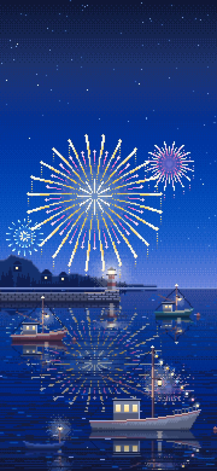 Blue Pixel Art Fireworks Over a Fishing Harbor wallpaper for iPhone and Android
