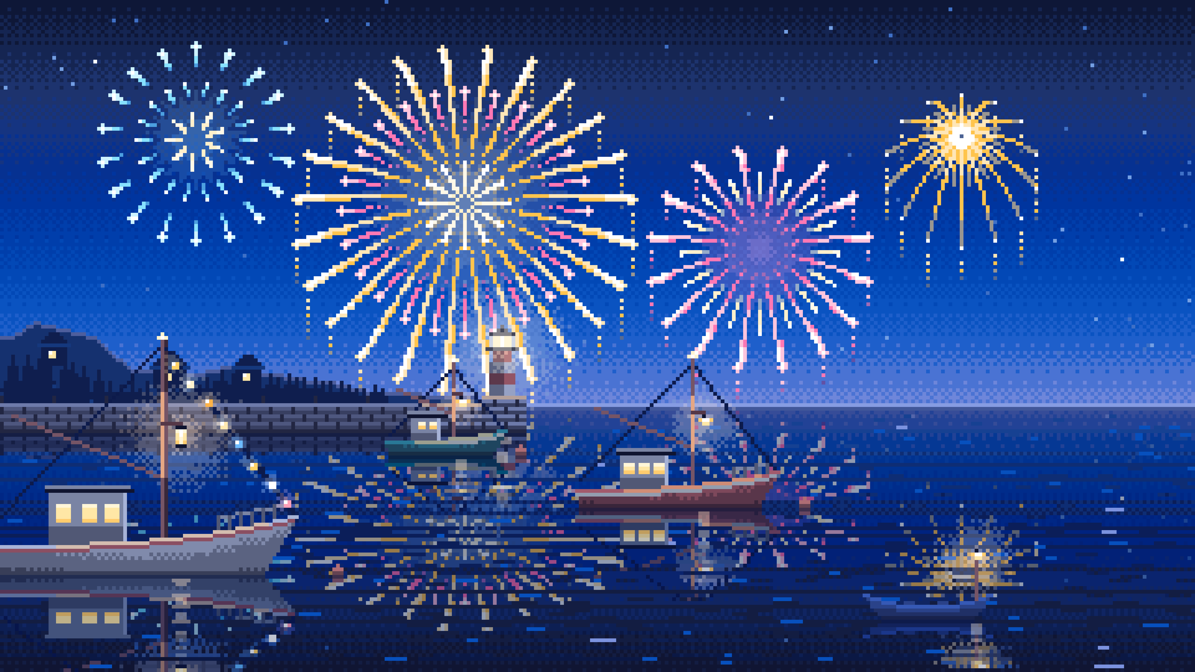 Blue Pixel Art Fireworks Over a Fishing Harbor desktop wallpaper in 4K