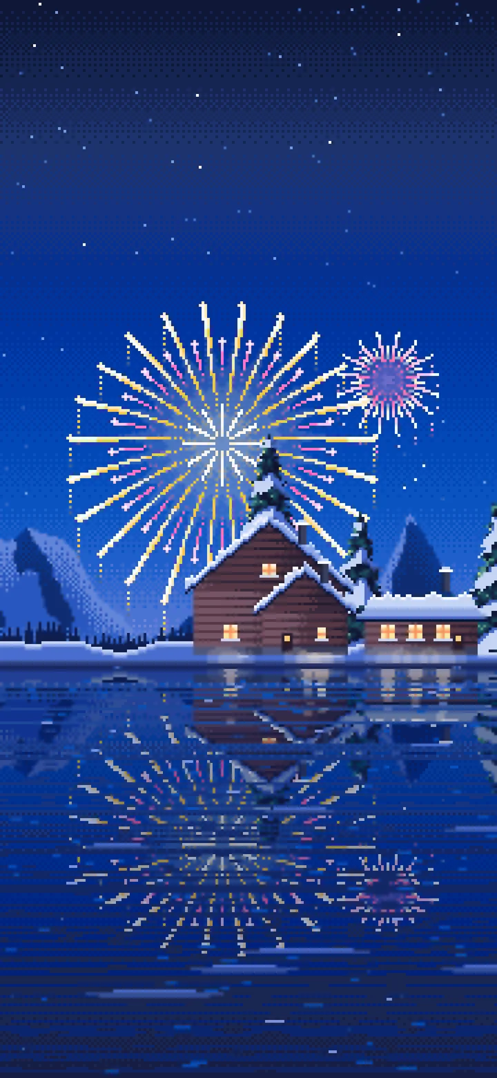 Blue Pixel Art Fireworks Over a Frozen Lake Village wallpaper for iPhone and Android