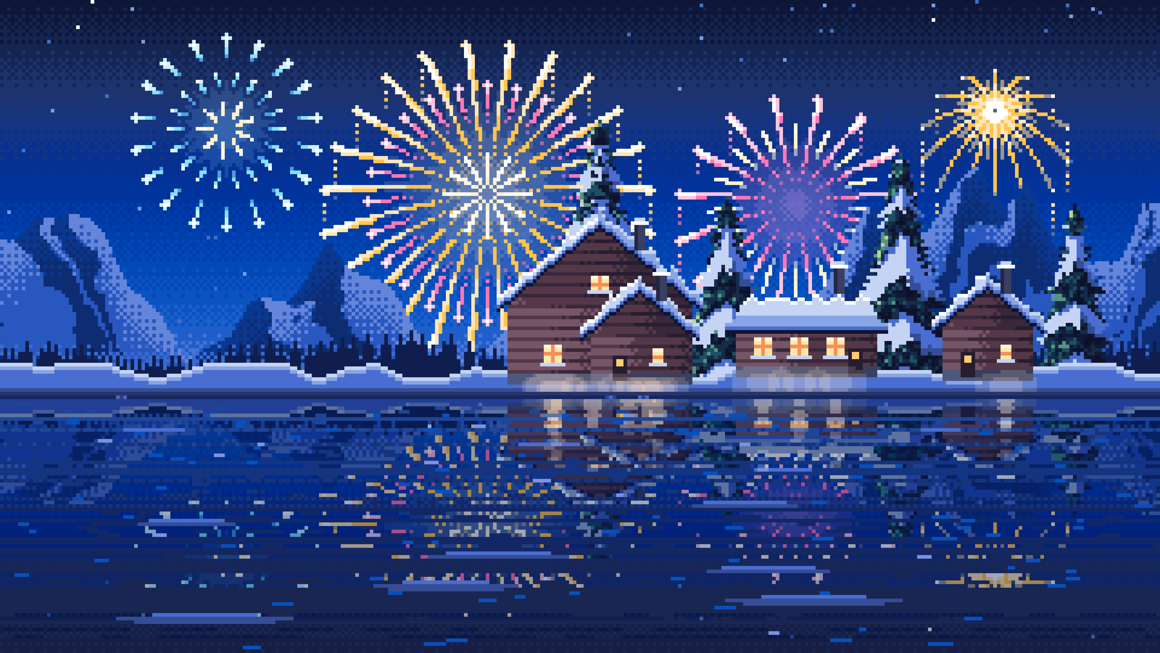 Blue Pixel Art Fireworks Over a Frozen Lake Village desktop wallpaper in 4K