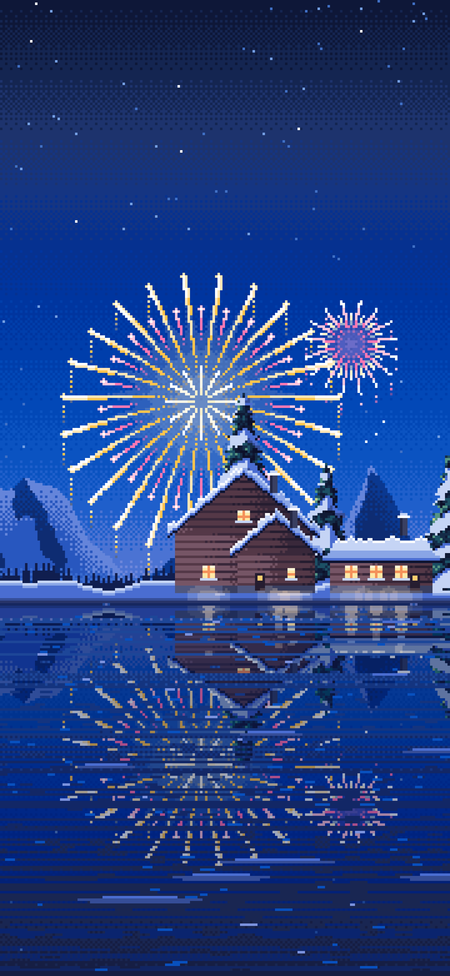 Blue Pixel Art Fireworks Over a Frozen Lake Village wallpaper for iPhone and Android