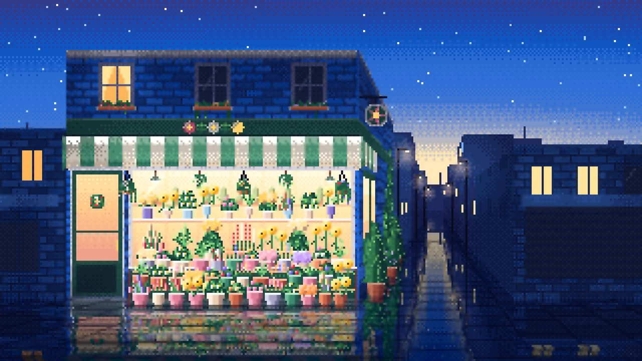 Blue Pixel Art Flower Shop desktop wallpaper in 4K