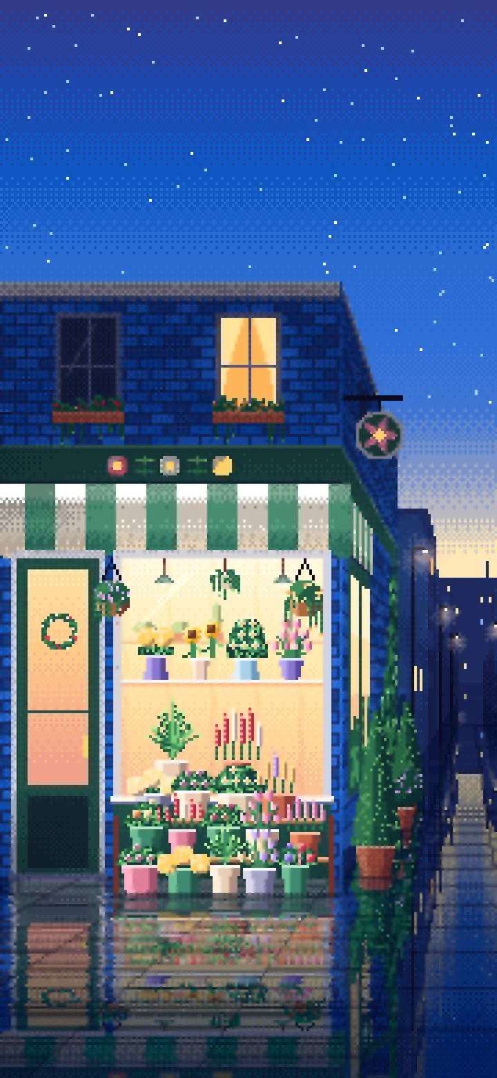 Blue Pixel Art Flower Shop wallpaper for iPhone and Android