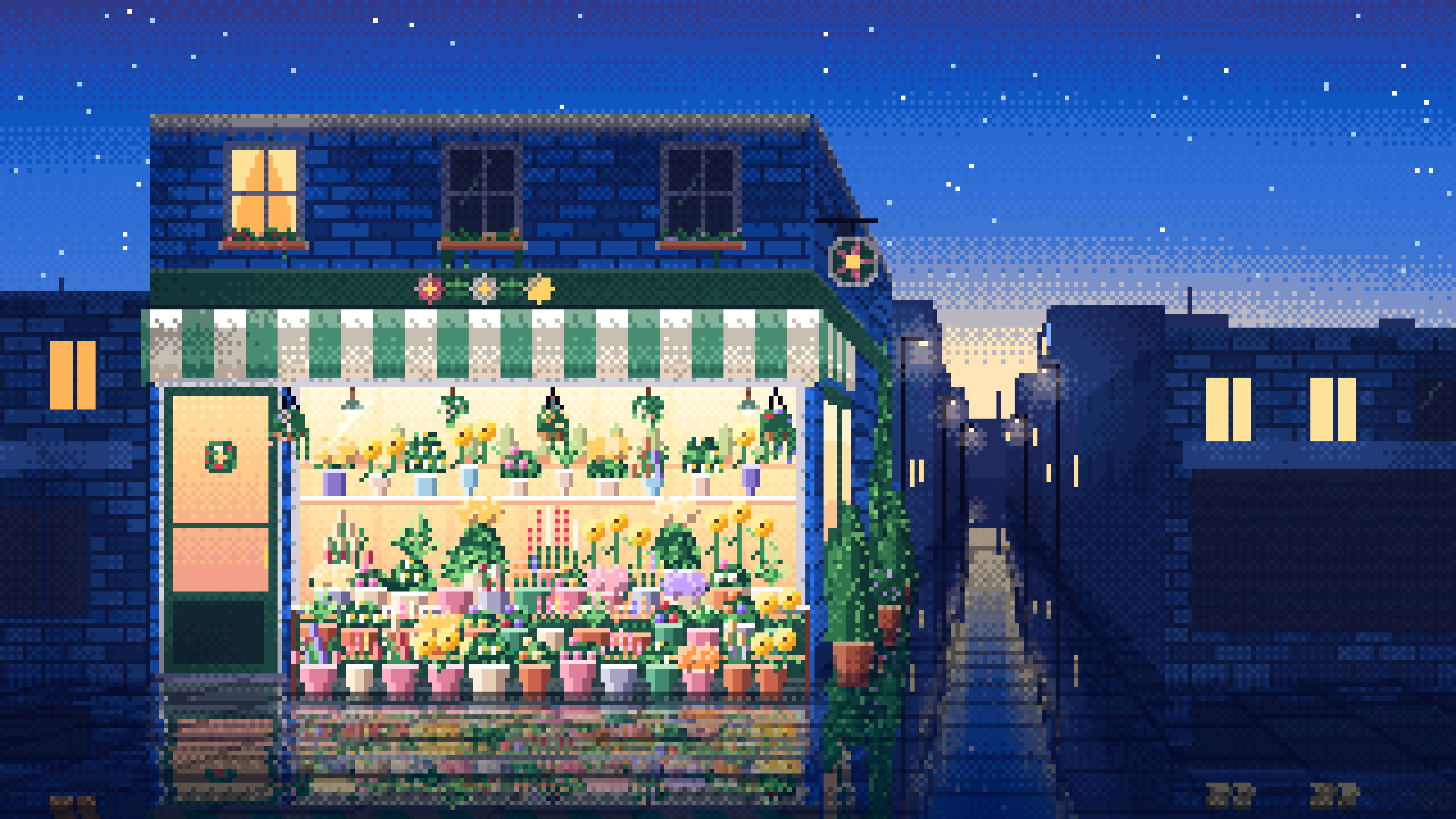 Blue Pixel Art Flower Shop desktop wallpaper in 4K