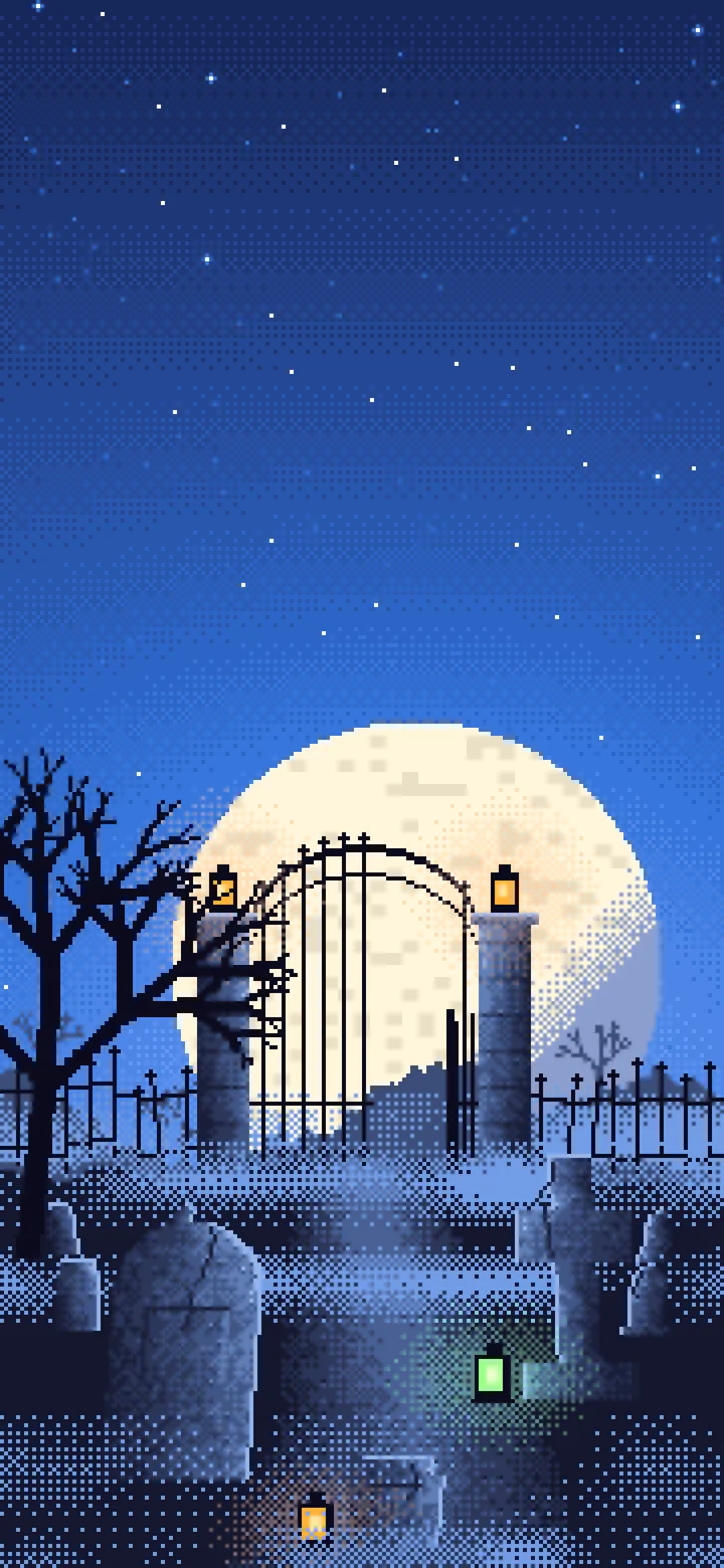 Blue Pixel Art Foggy Graveyard at Night wallpaper for iPhone and Android