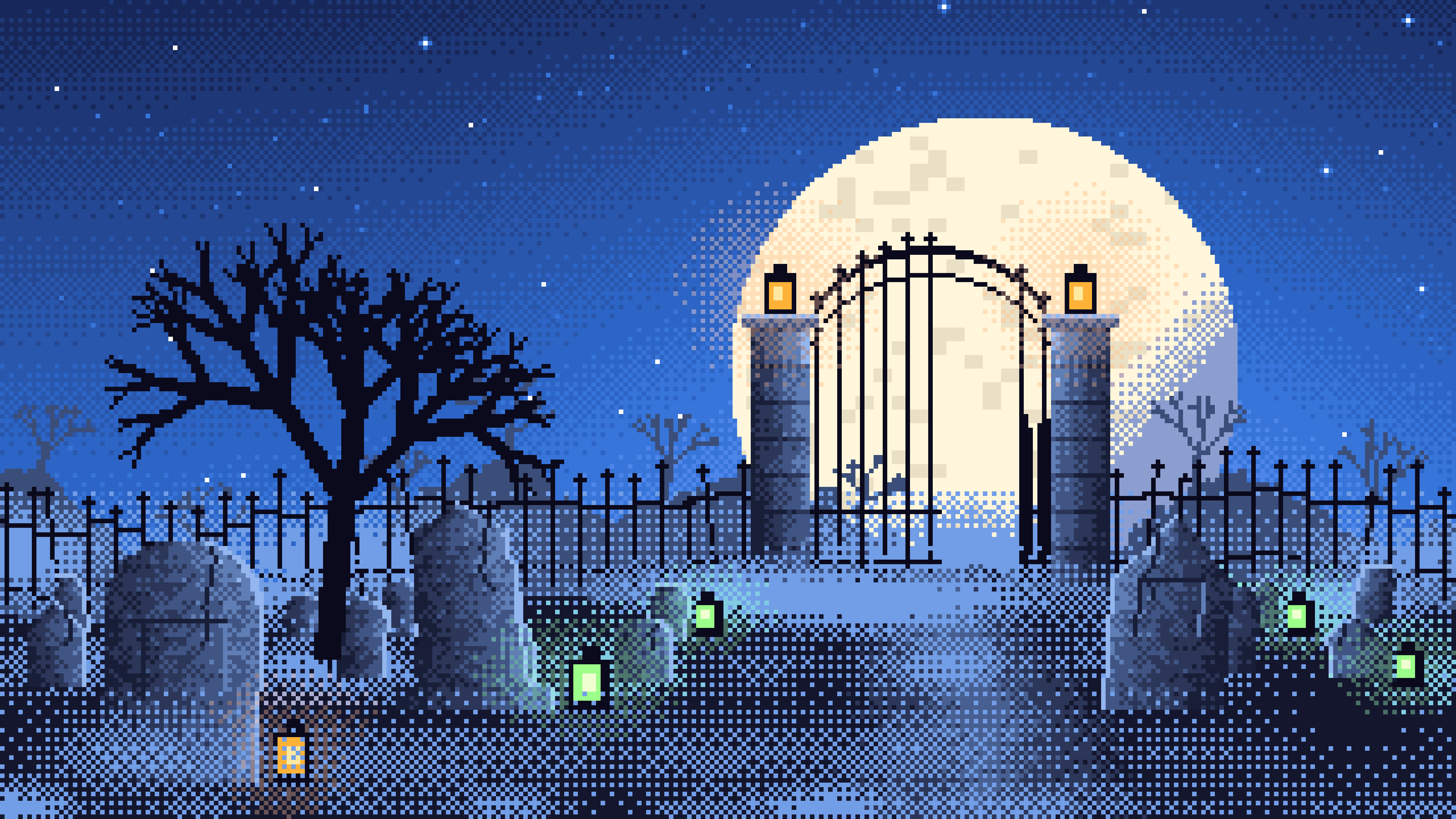 Blue Pixel Art Foggy Graveyard at Night desktop wallpaper in 4K