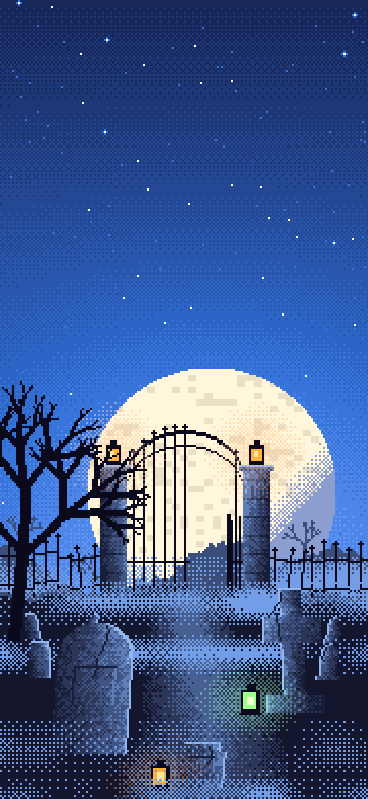 Blue Pixel Art Foggy Graveyard at Night wallpaper for iPhone and Android