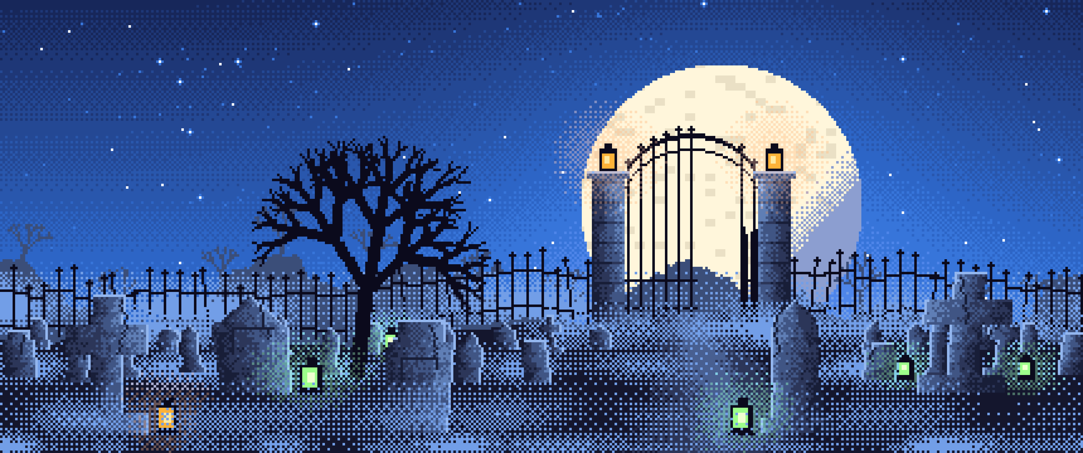 Blue Pixel Art Foggy Graveyard at Night ultrawide wallpaper, 3440 × 1440