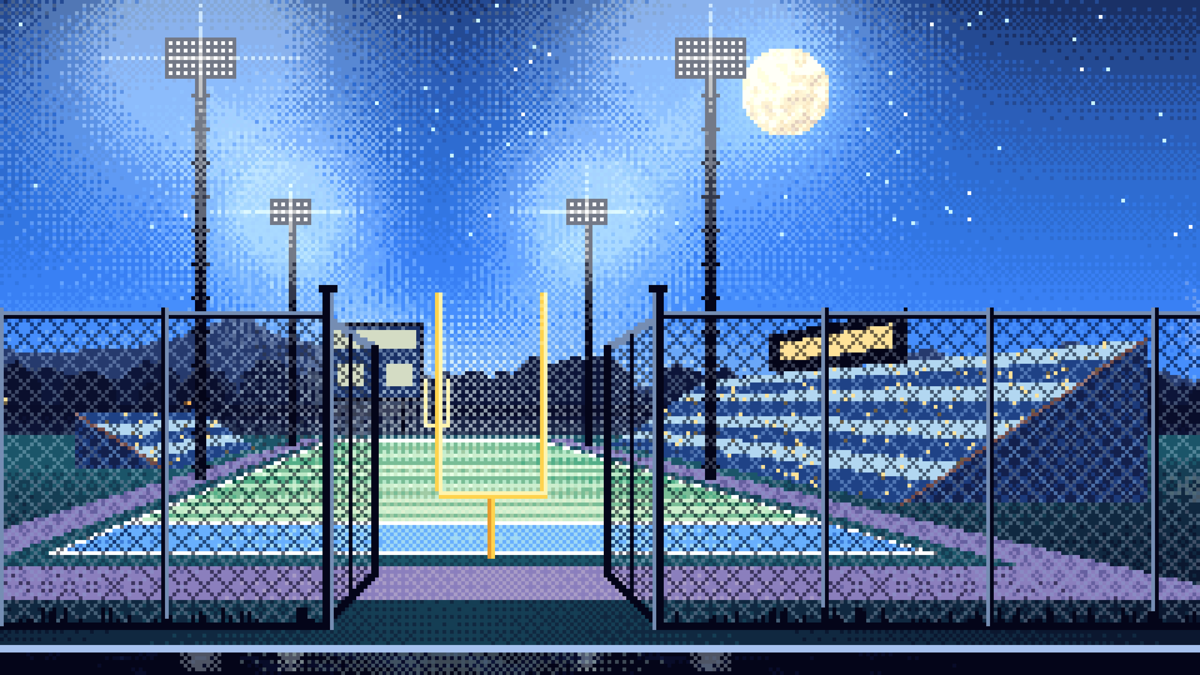Blue Pixel Art Football Field Under the Moon desktop wallpaper in 4K