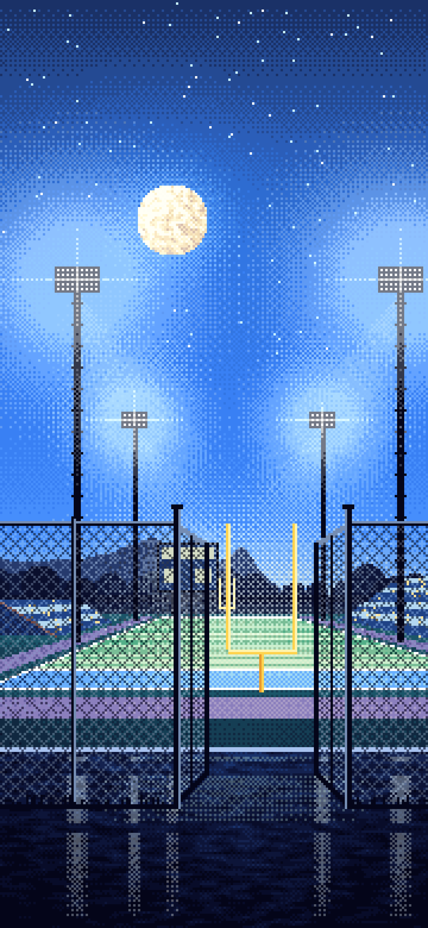Blue Pixel Art Football Field Under the Moon wallpaper for iPhone and Android