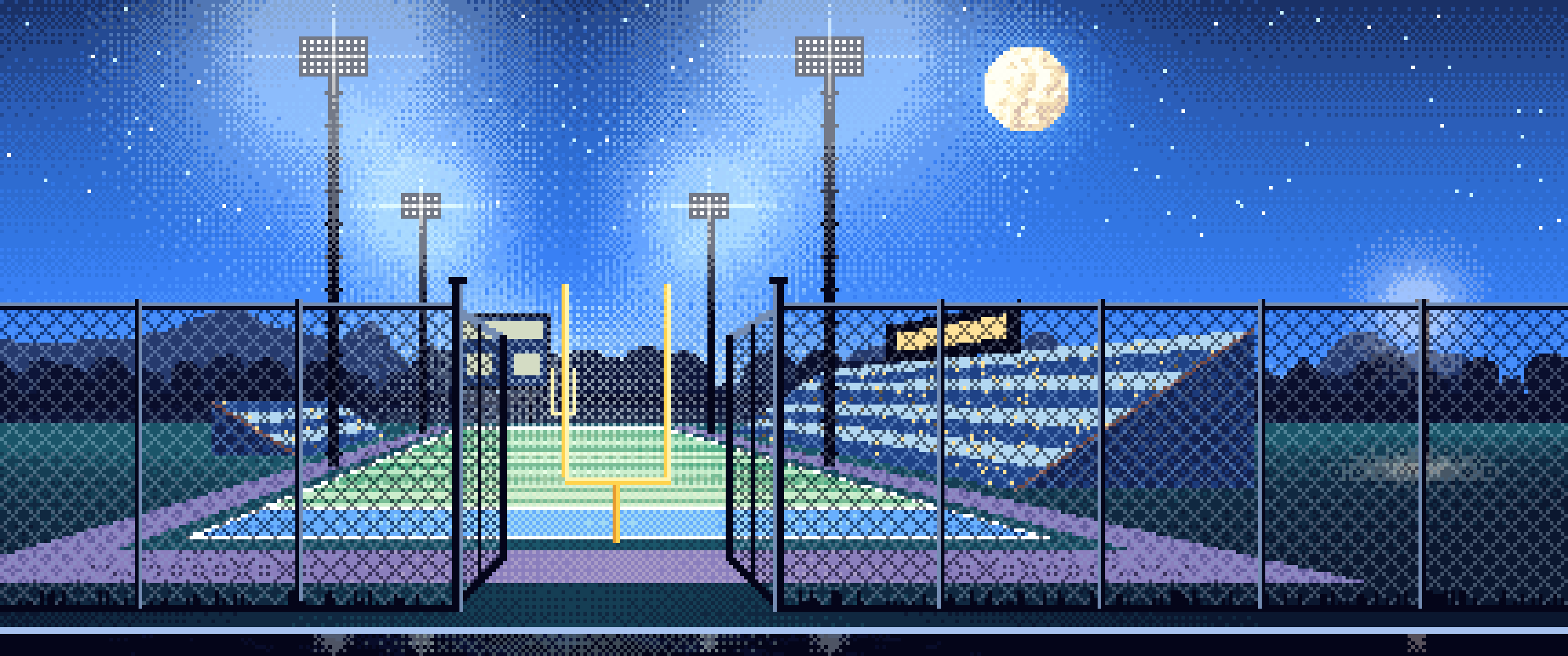 Blue Pixel Art Football Field Under the Moon ultrawide wallpaper, 3440 × 1440