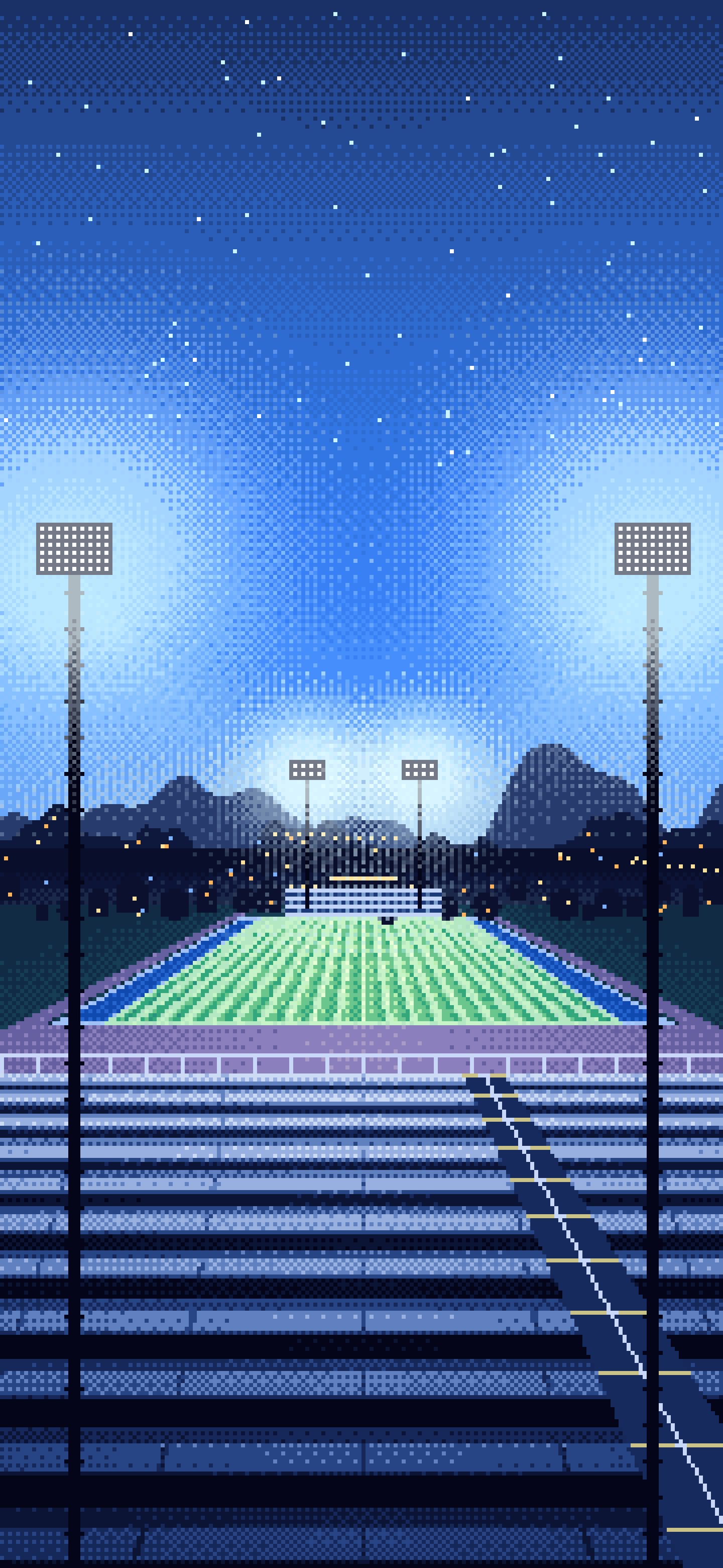 Blue Pixel Art Football Stadium at Night wallpaper for iPhone and Android
