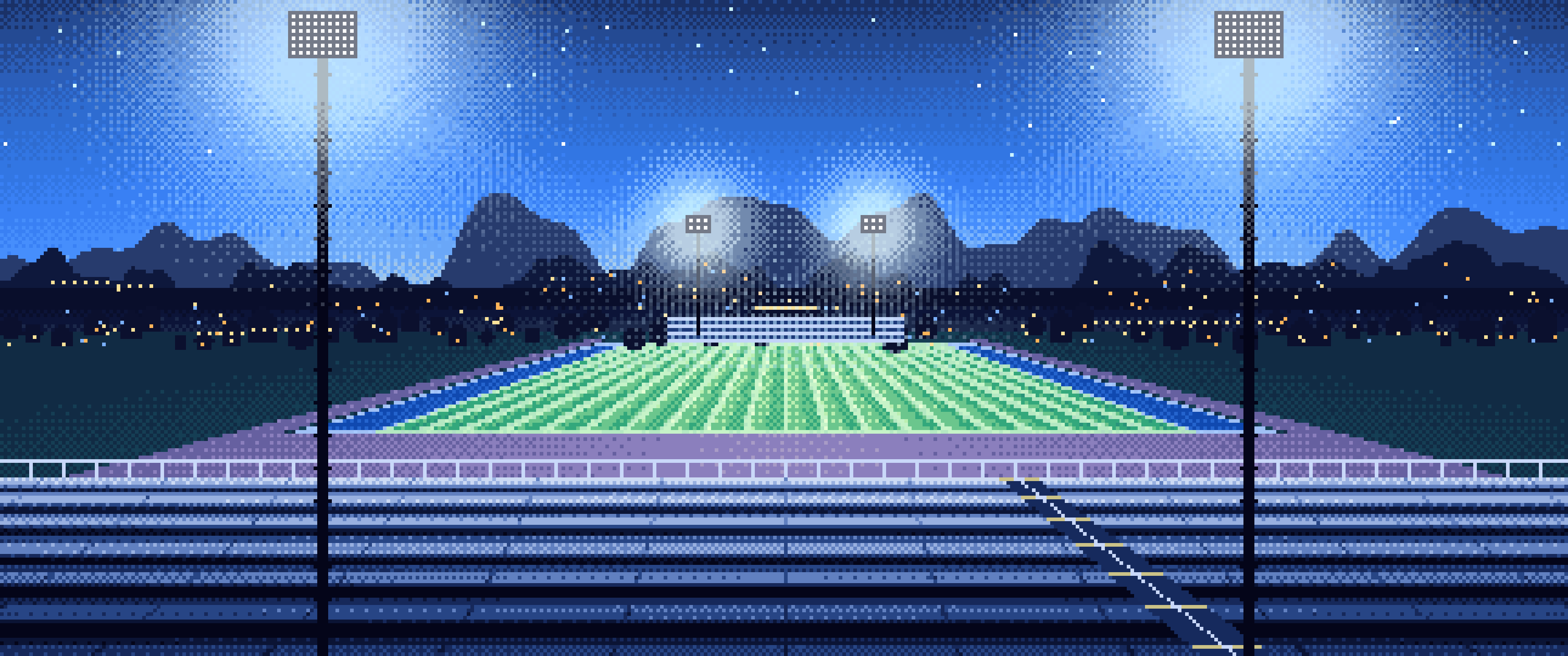 Blue Pixel Art Football Stadium at Night ultrawide wallpaper, 3440 × 1440
