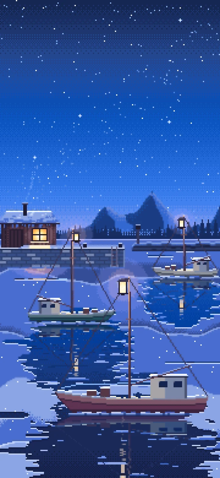 Blue Pixel Art Frozen Fishing Harbor at Night wallpaper for iPhone and Android