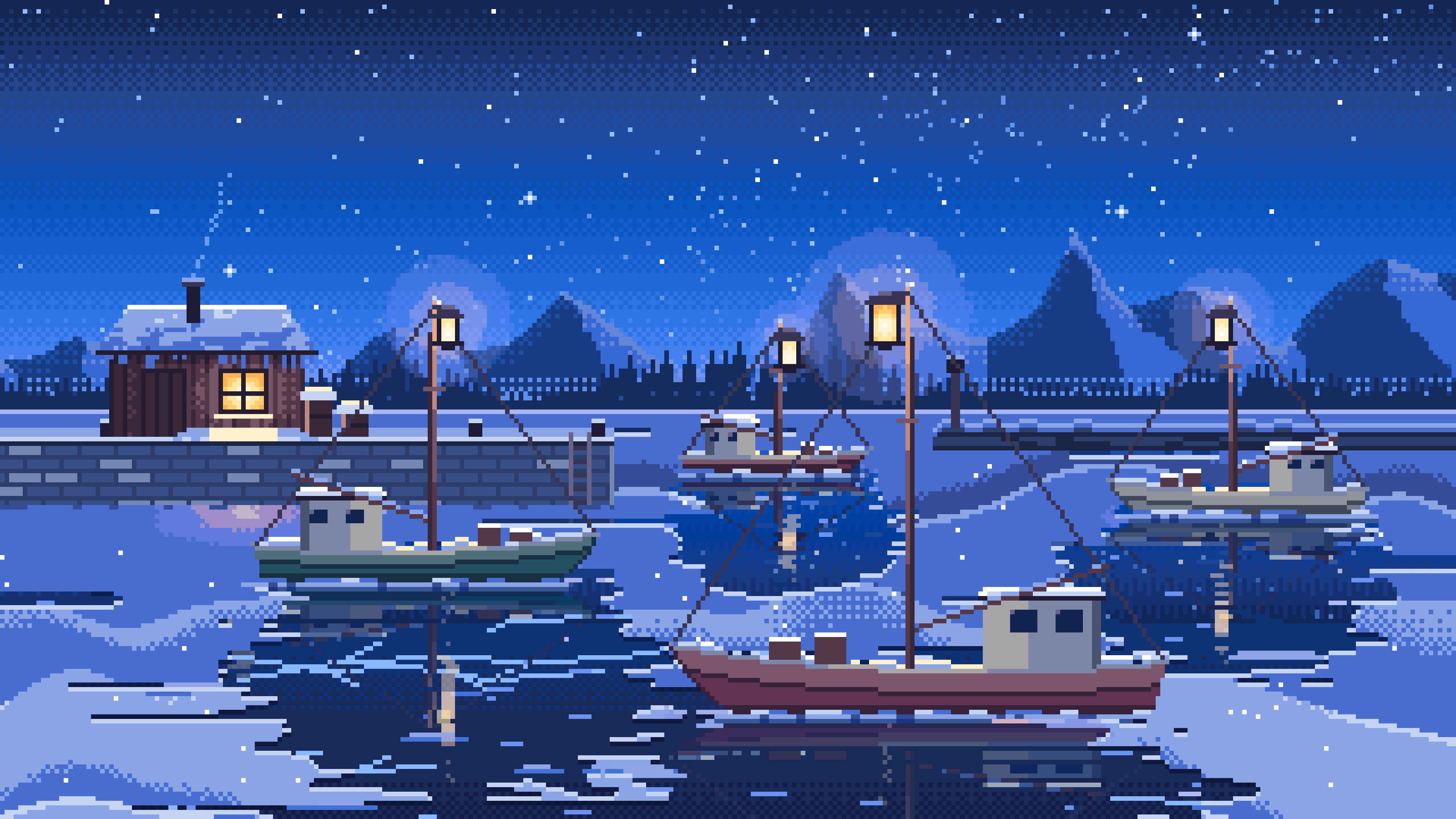 Blue Pixel Art Frozen Fishing Harbor at Night desktop wallpaper in 4K