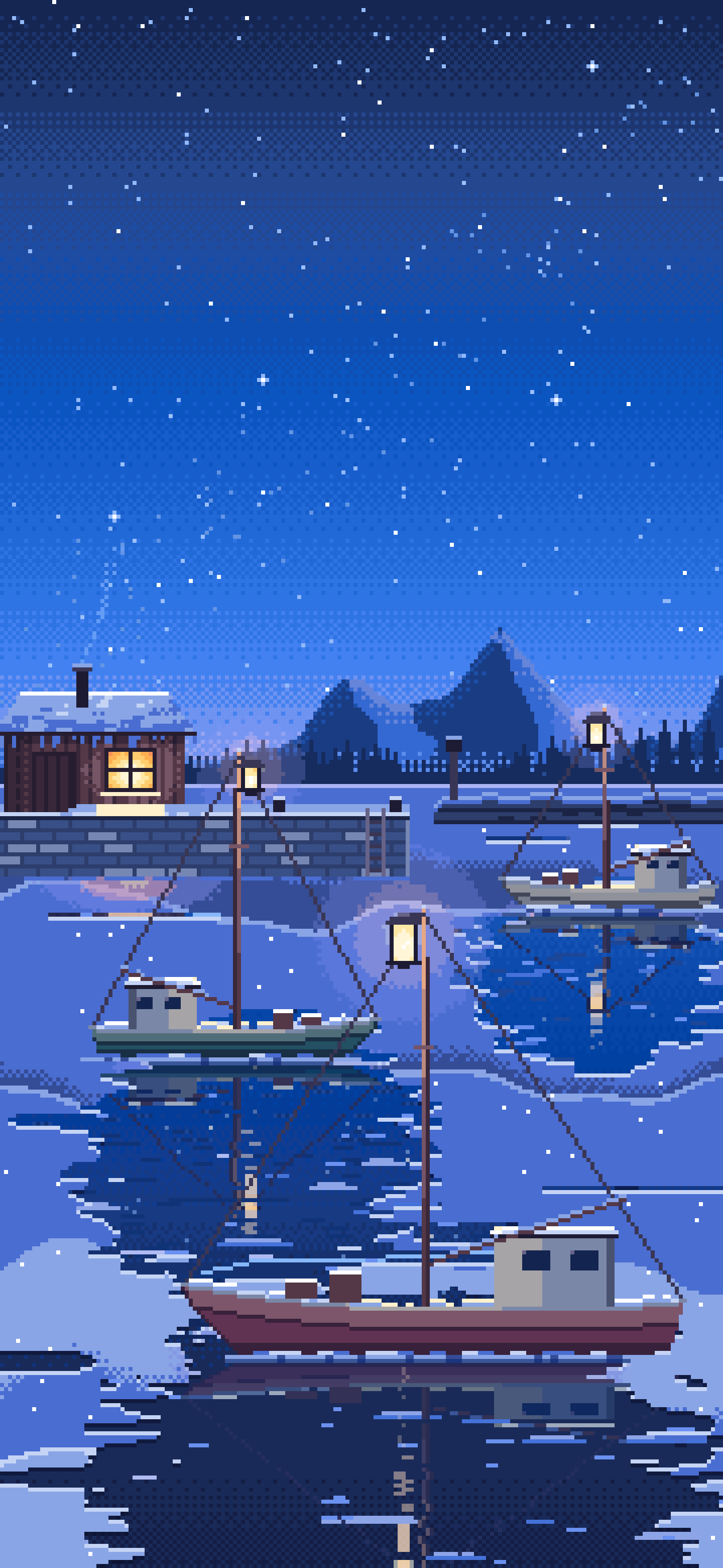 Blue Pixel Art Frozen Fishing Harbor at Night wallpaper for iPhone and Android