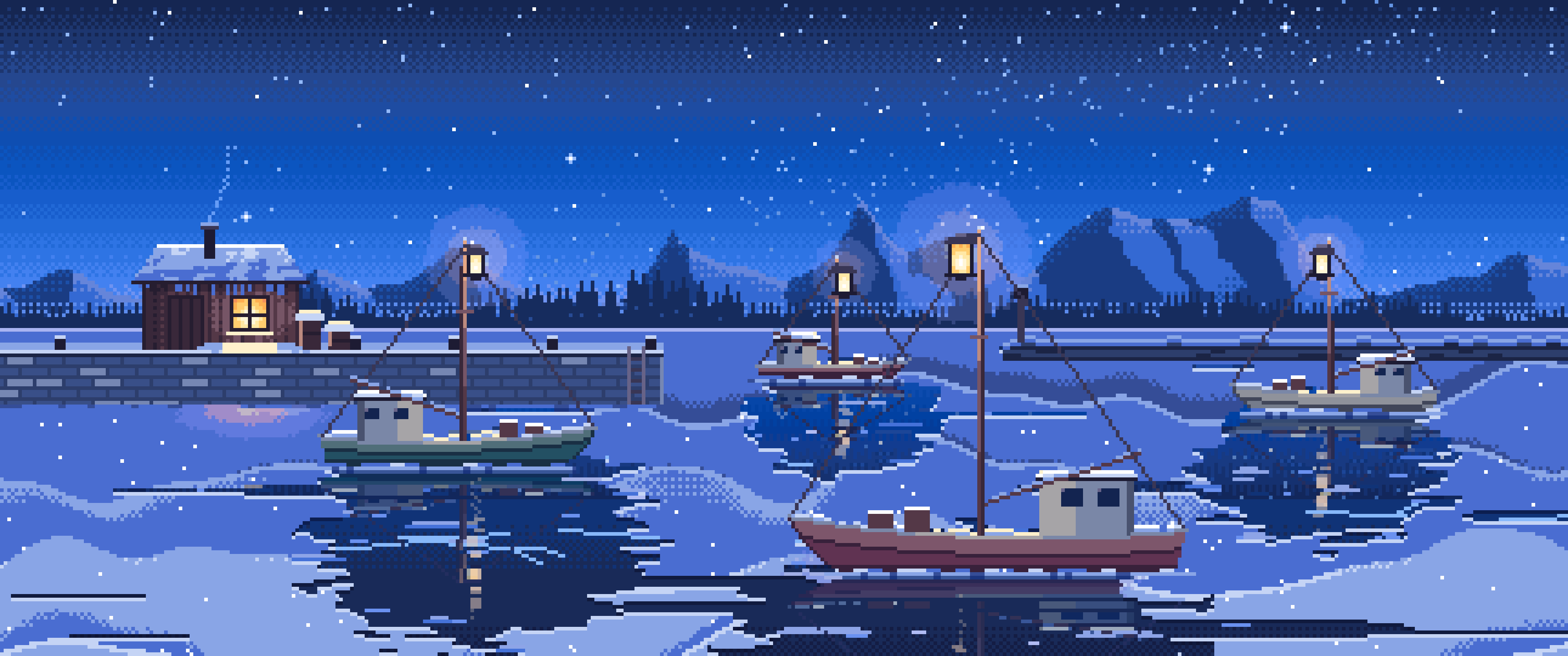 Blue Pixel Art Frozen Fishing Harbor at Night ultrawide wallpaper, 3440 × 1440