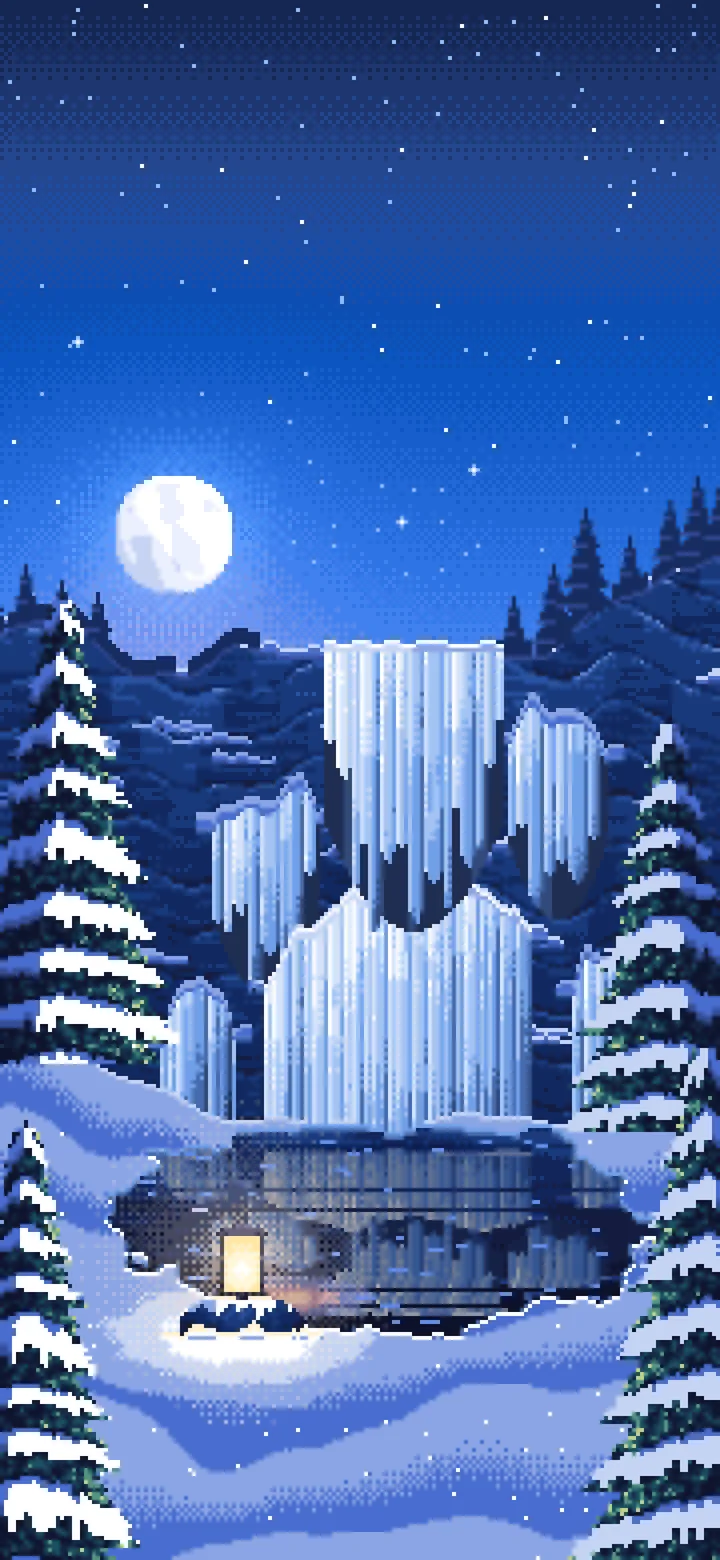 Blue Pixel Art Frozen Waterfall in Moonlight wallpaper for iPhone and Android