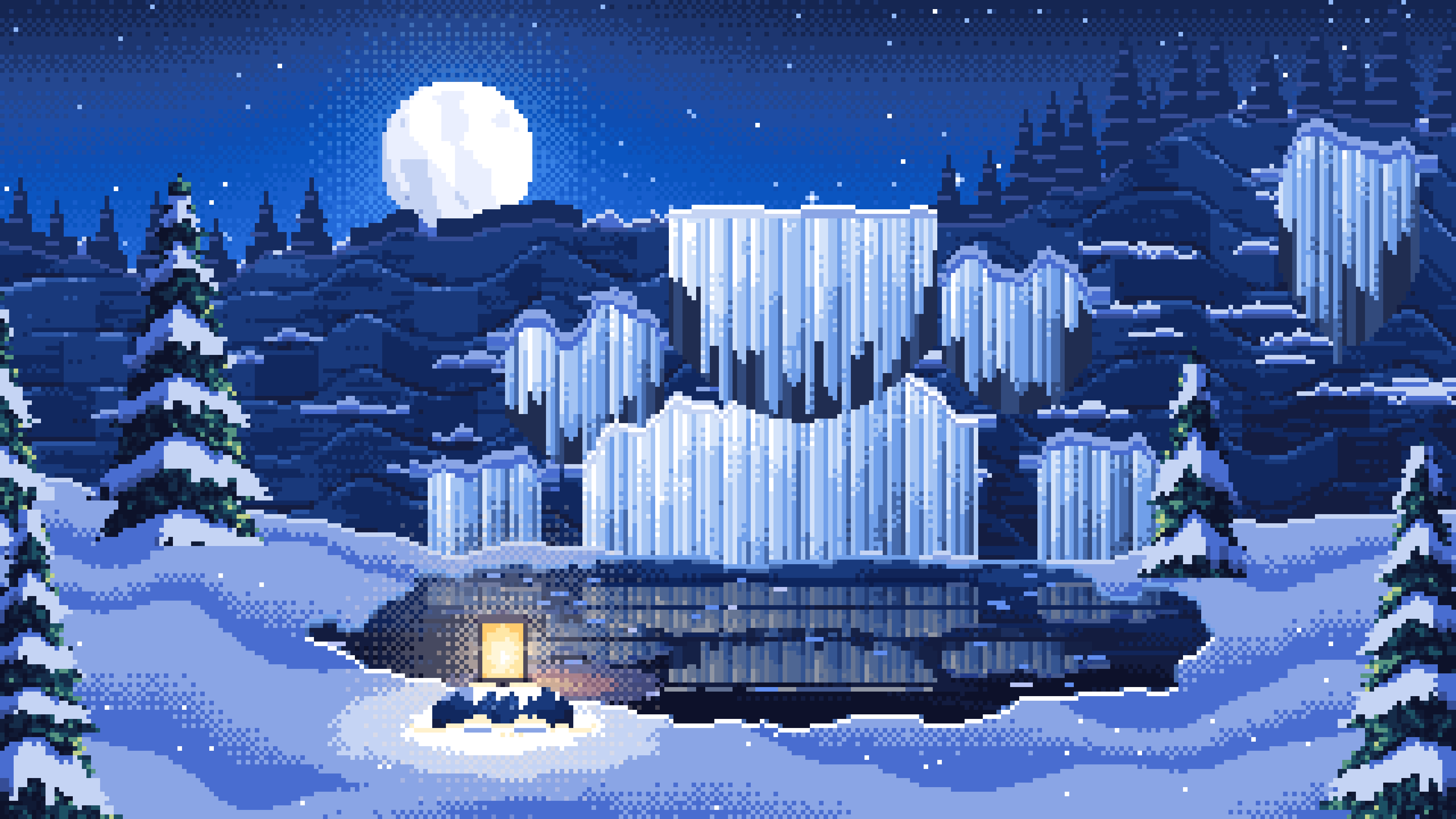 Blue Pixel Art Frozen Waterfall in Moonlight desktop wallpaper in 4K