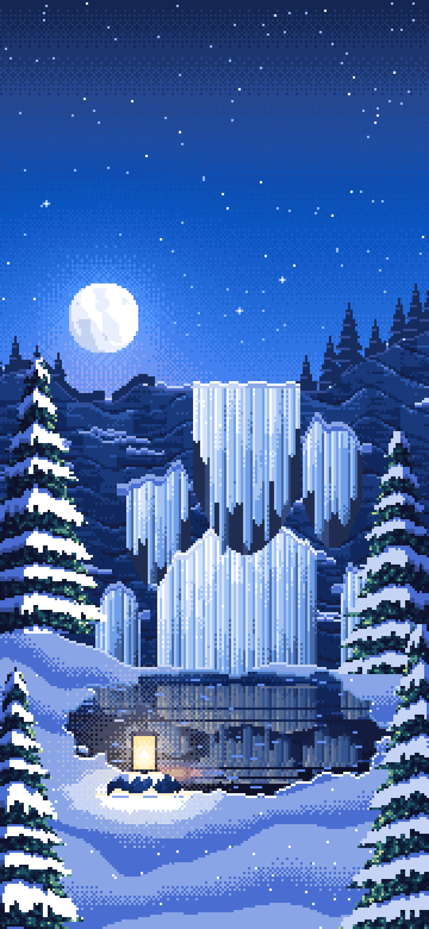 Blue Pixel Art Frozen Waterfall in Moonlight wallpaper for iPhone and Android