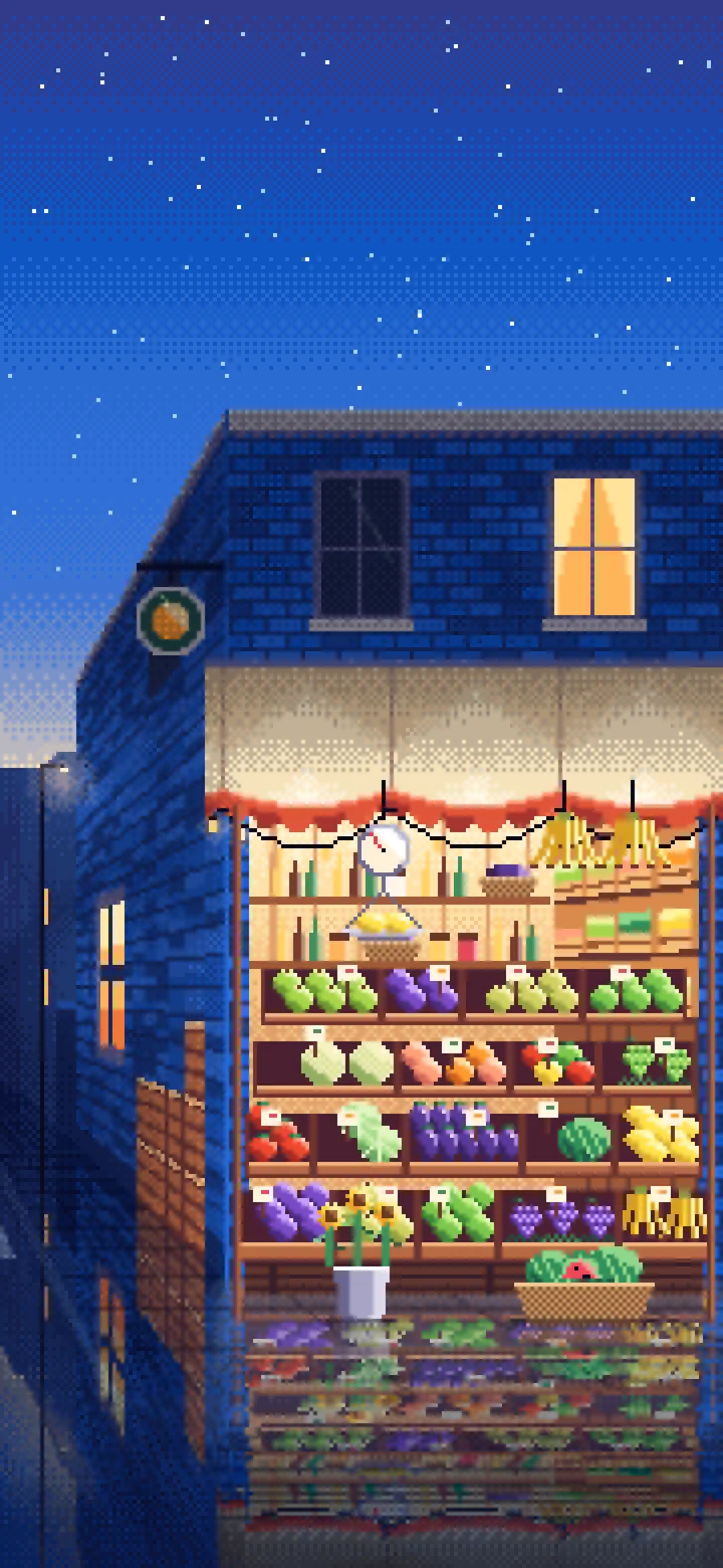 Blue Pixel Art Fruit Stand wallpaper for iPhone and Android