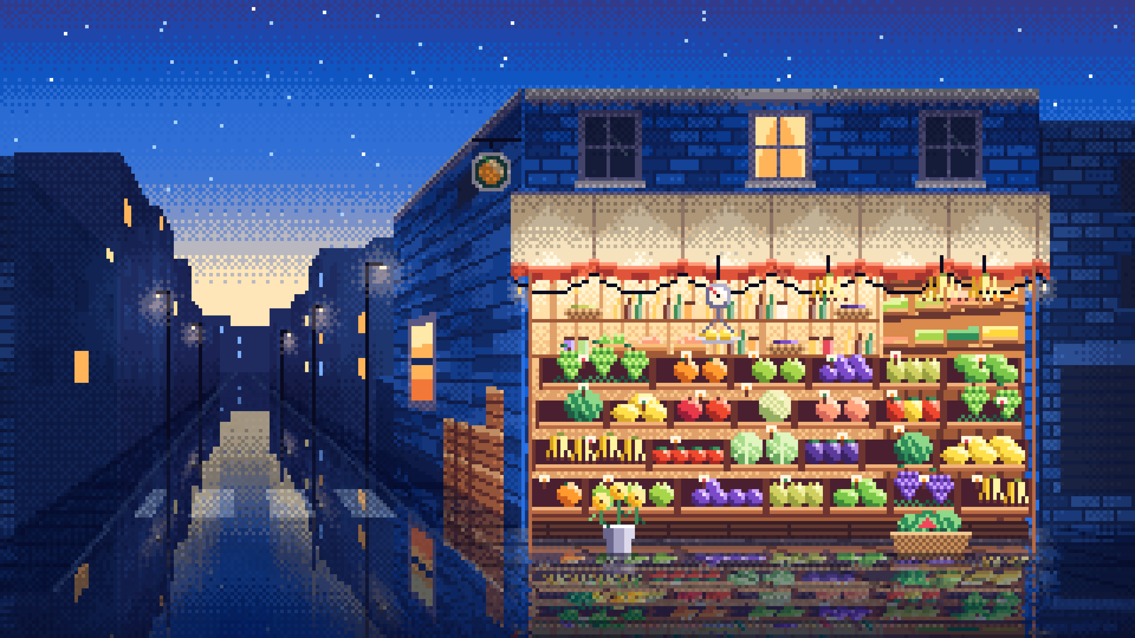 Blue Pixel Art Fruit Stand desktop wallpaper in 4K
