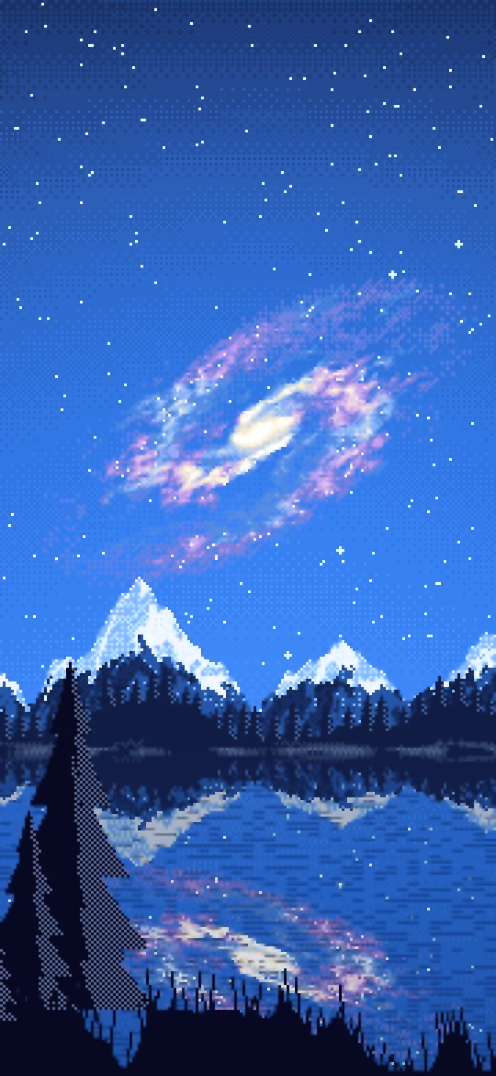 Blue Pixel Art Galaxy Over a Mountain Lake wallpaper for iPhone and Android