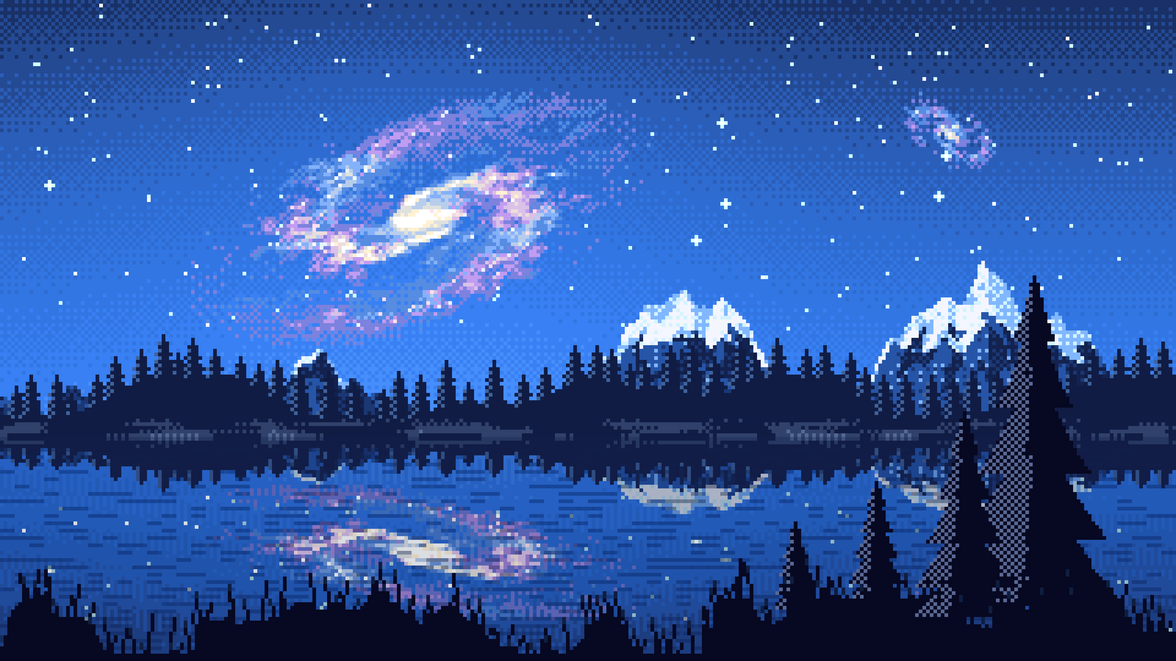 Blue Pixel Art Galaxy Over a Mountain Lake desktop wallpaper in 4K