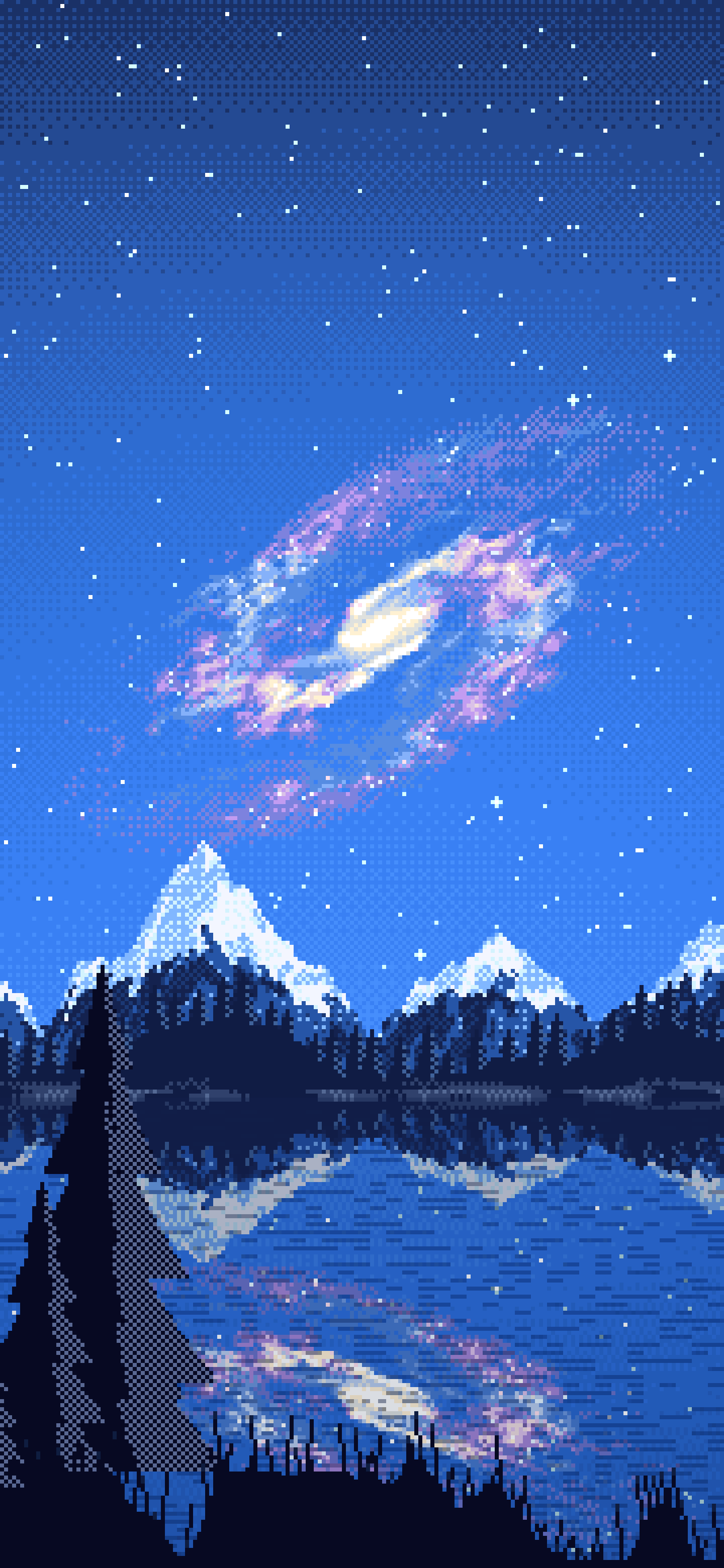 Blue Pixel Art Galaxy Over a Mountain Lake wallpaper for iPhone and Android