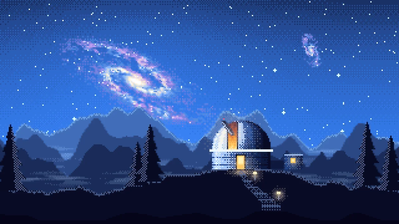 Blue Pixel Art Galaxy Over an Observatory desktop wallpaper in 4K
