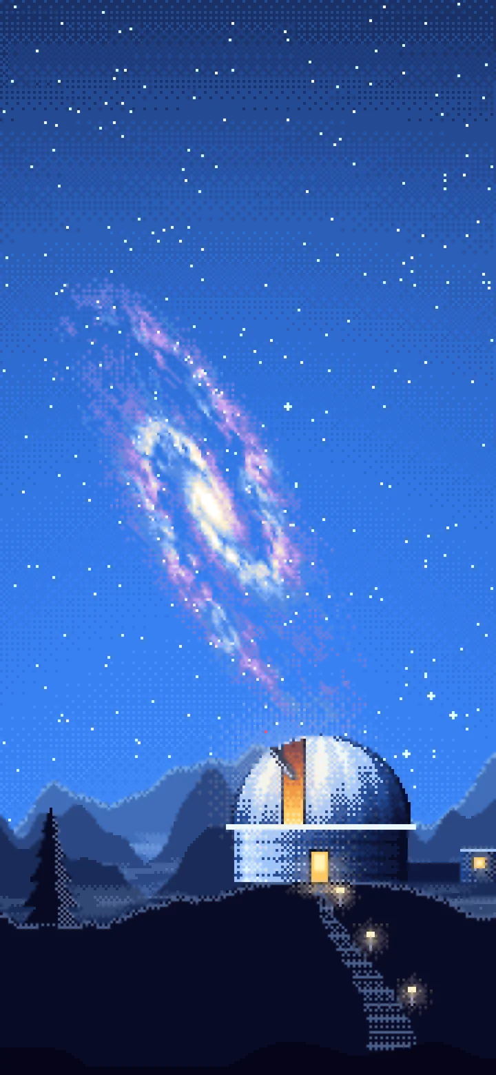 Blue Pixel Art Galaxy Over an Observatory wallpaper for iPhone and Android