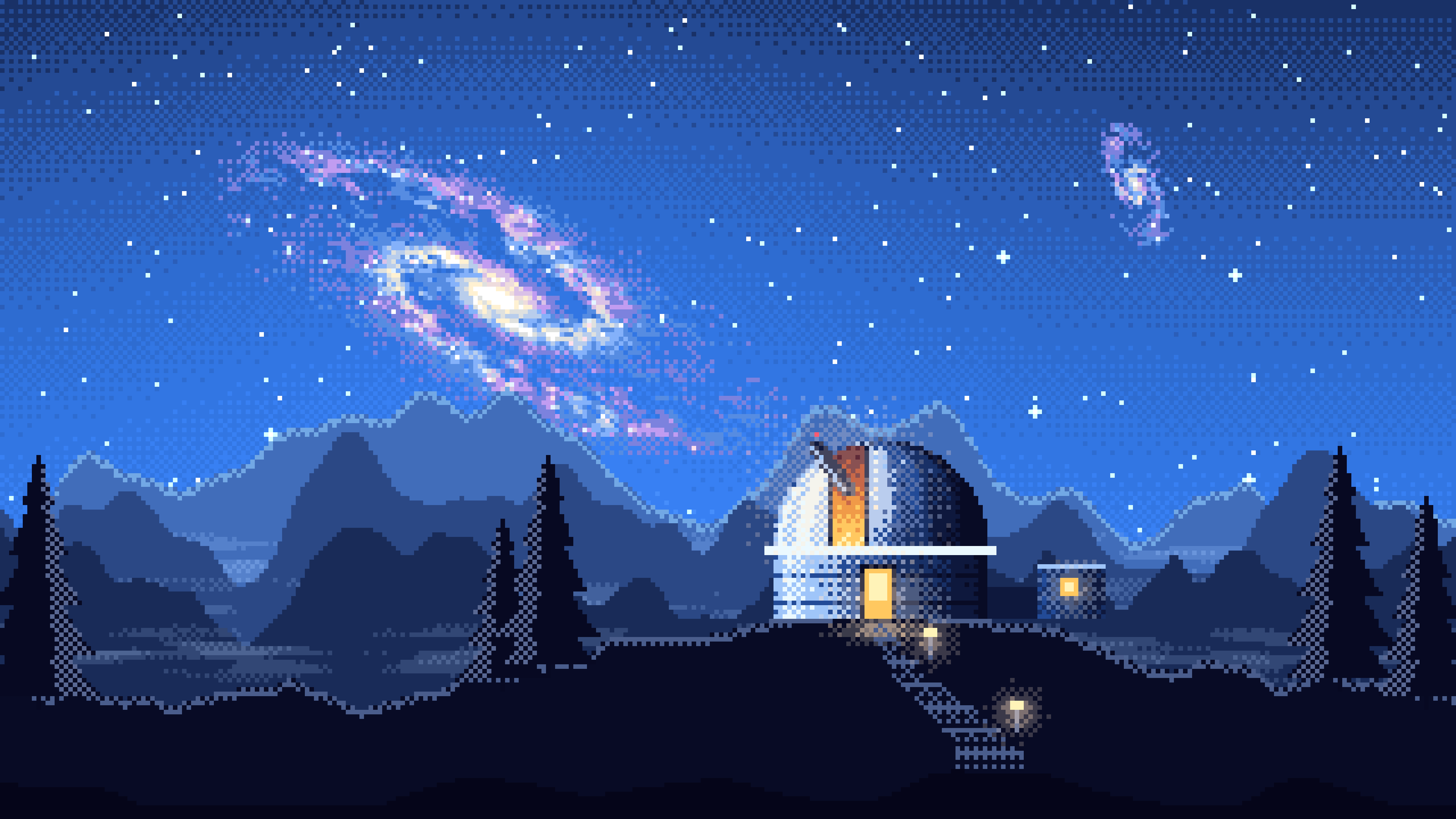 Blue Pixel Art Galaxy Over an Observatory desktop wallpaper in 4K